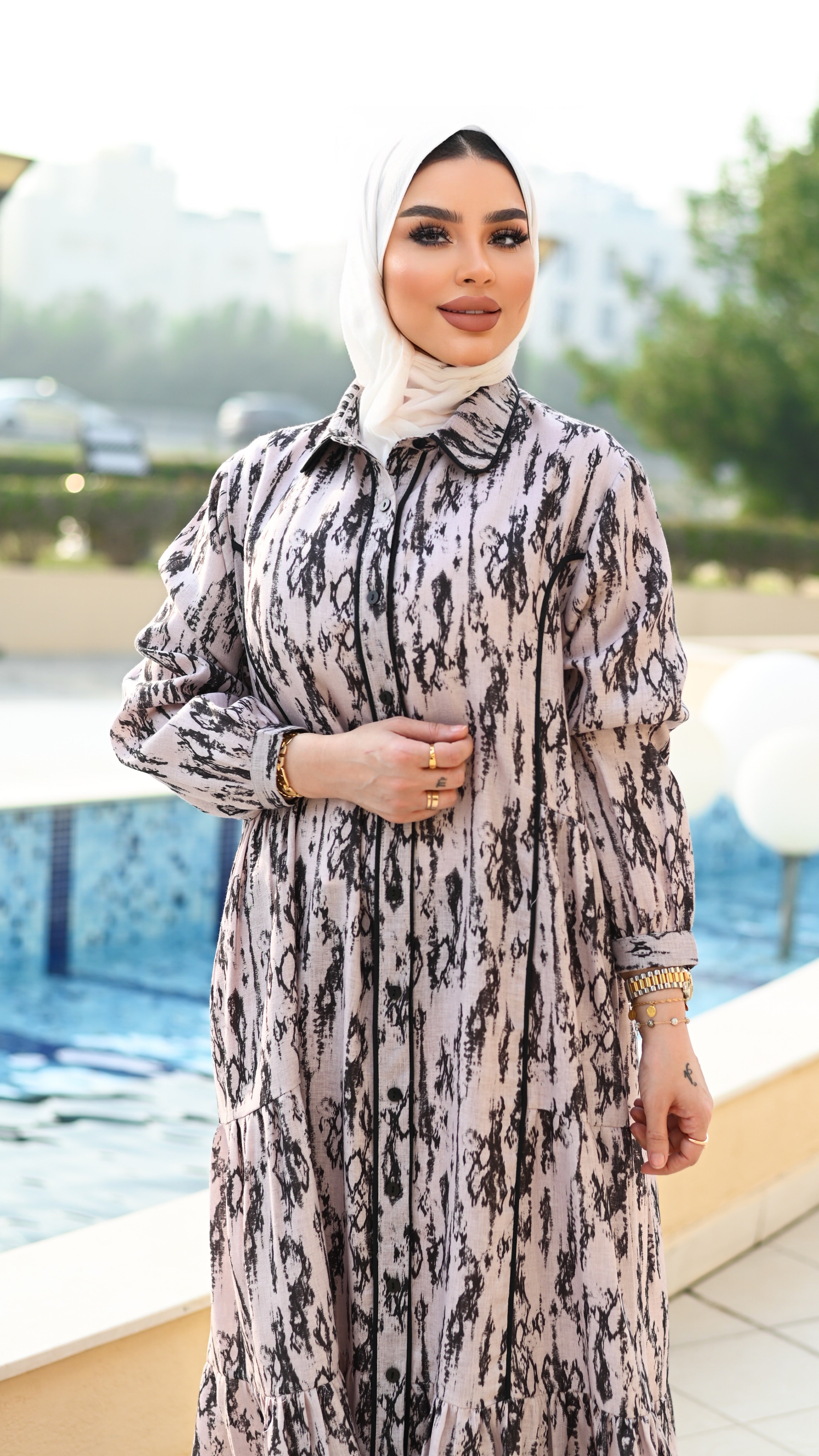 Patterned Linen Dress – Beige