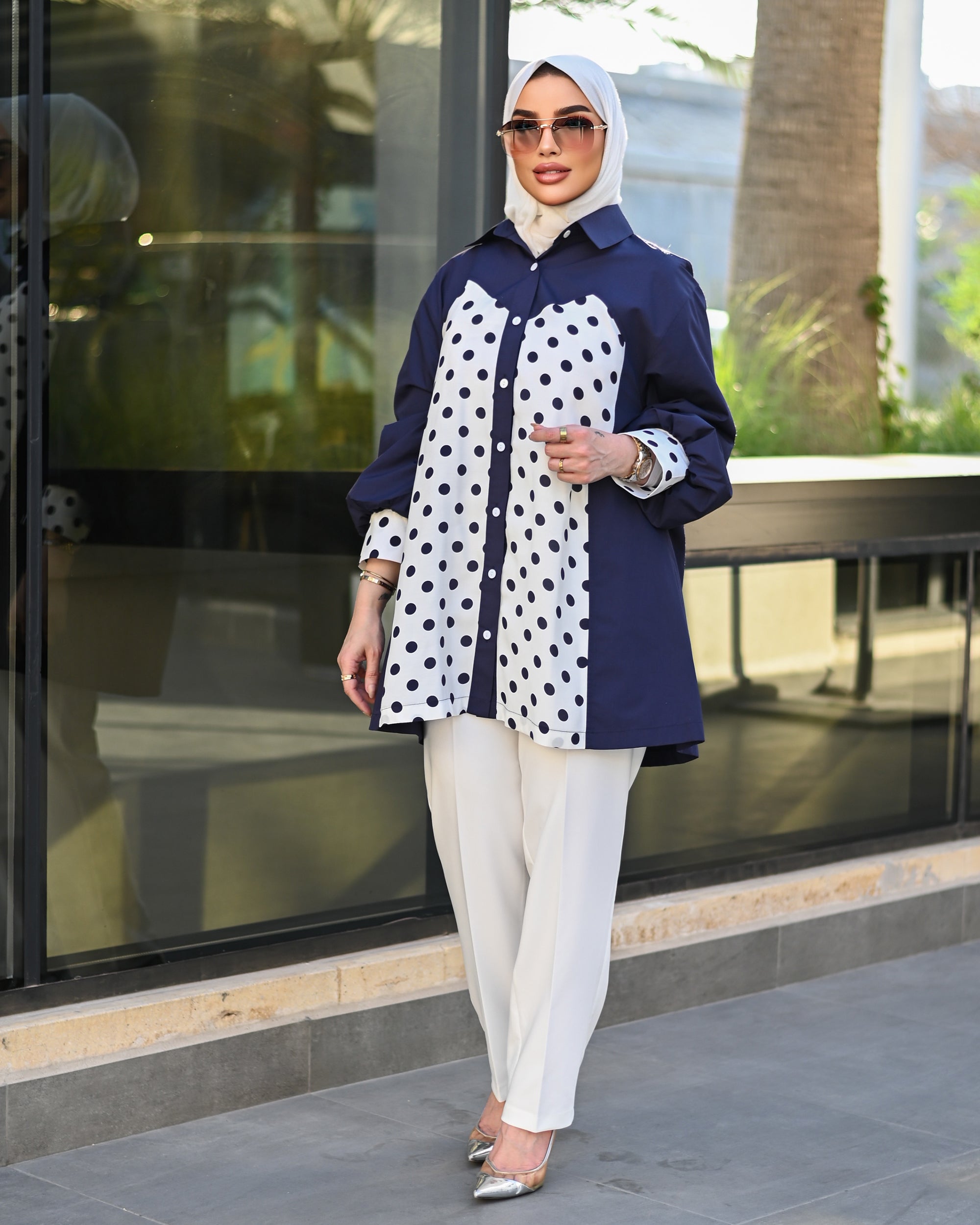 Polka Dot Contrast Poplin Shirt – Navy Blue