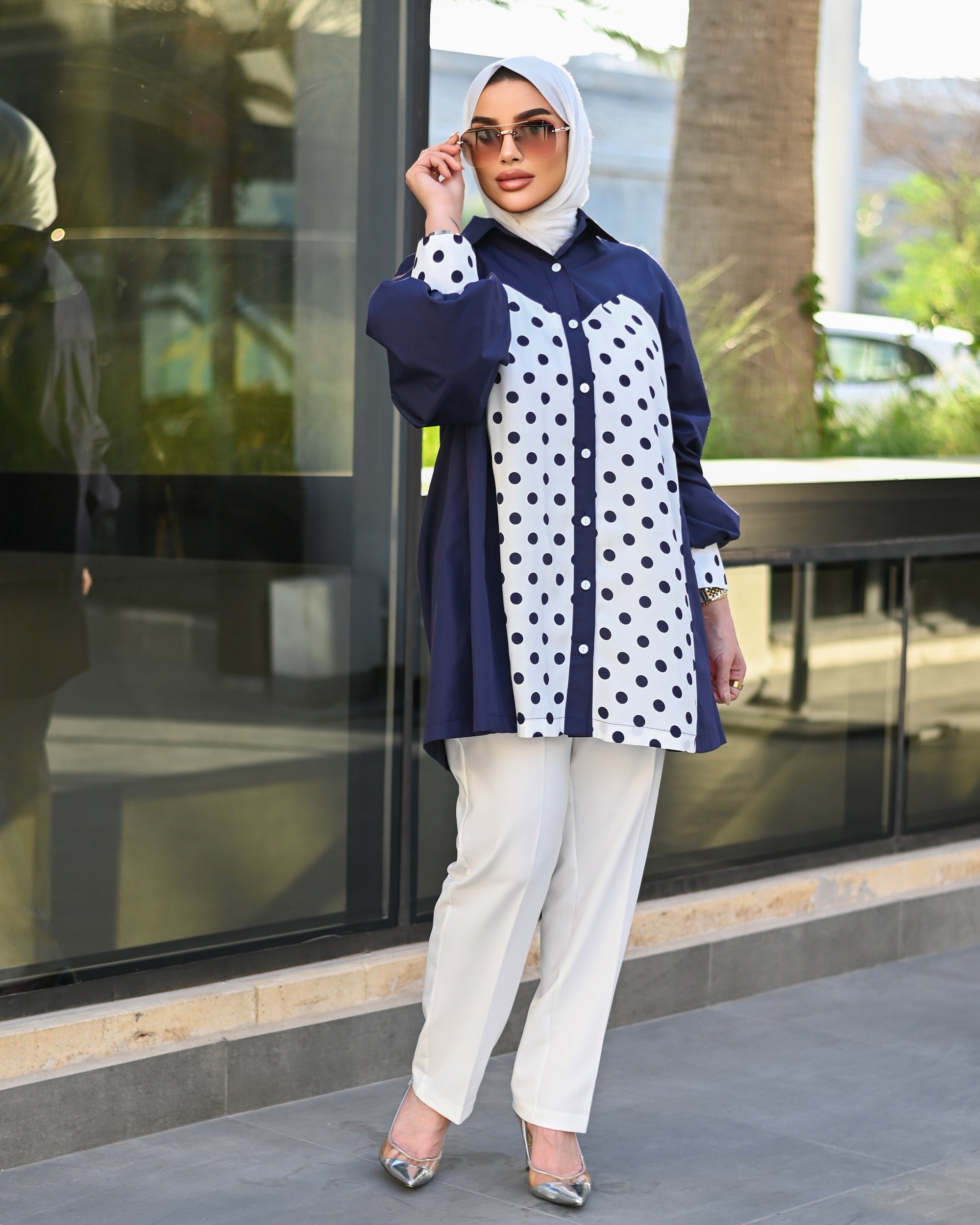 Polka Dot Contrast Poplin Shirt – Navy Blue