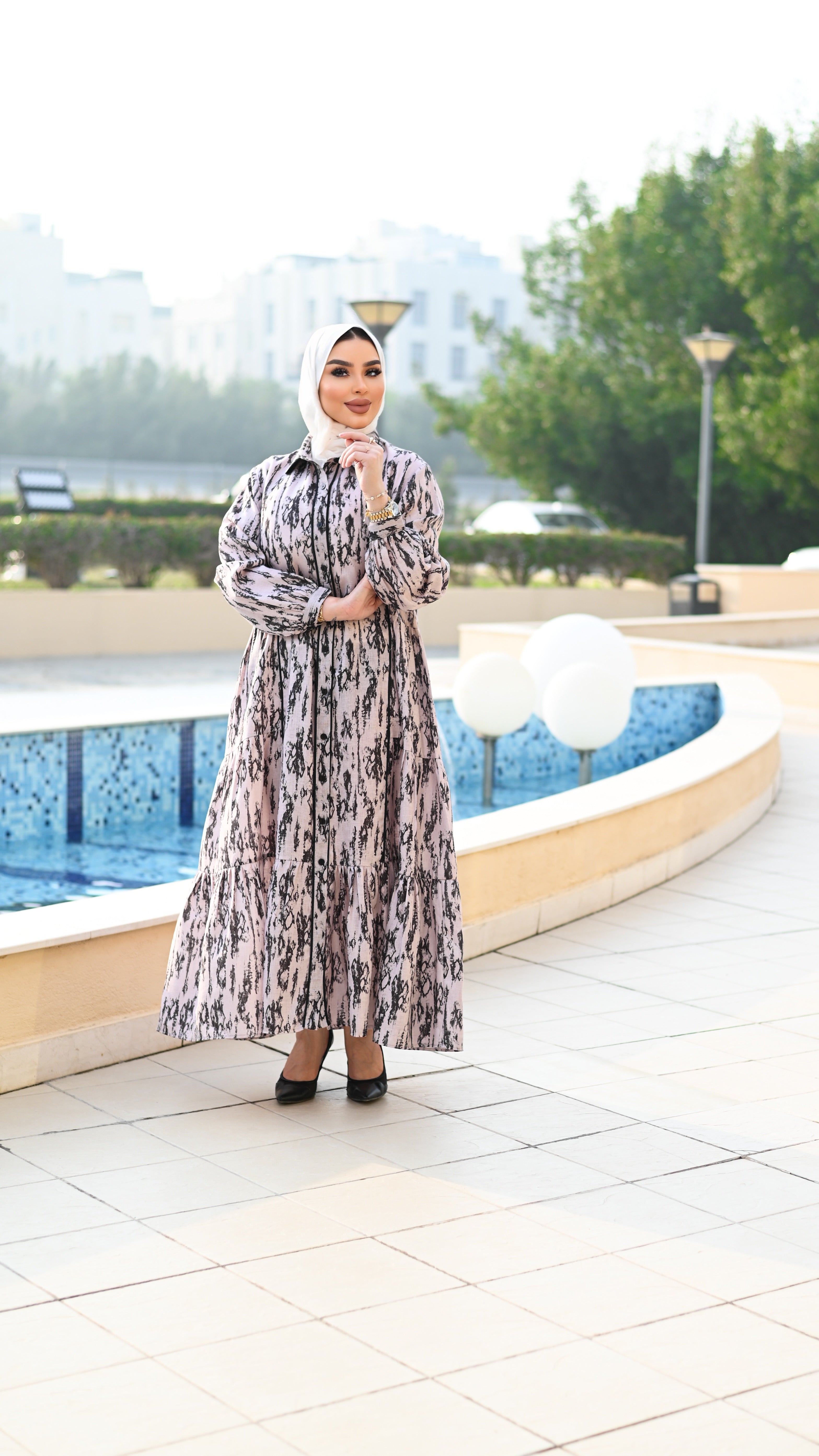 Patterned Linen Dress – Beige