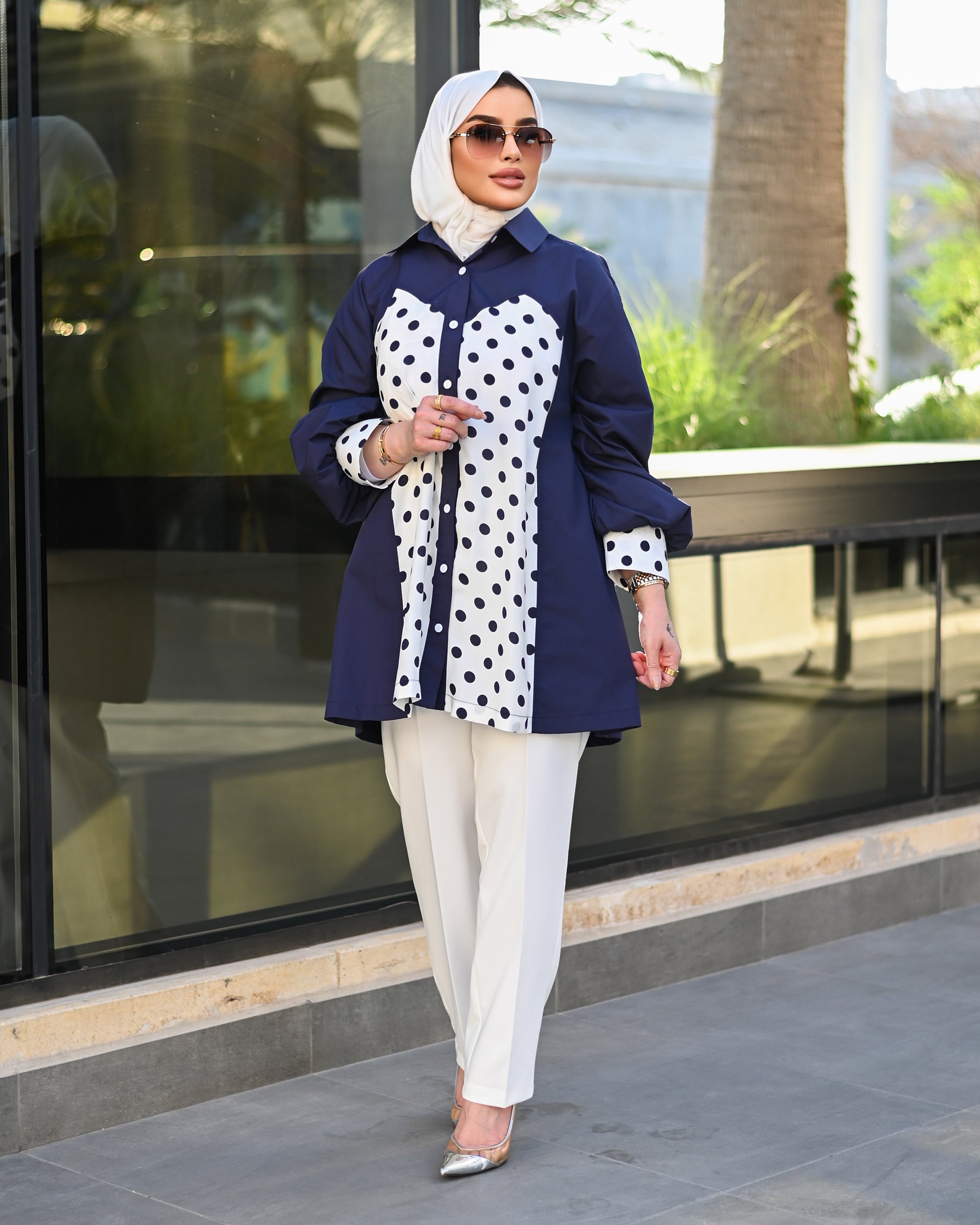 Polka Dot Contrast Poplin Shirt – Navy Blue