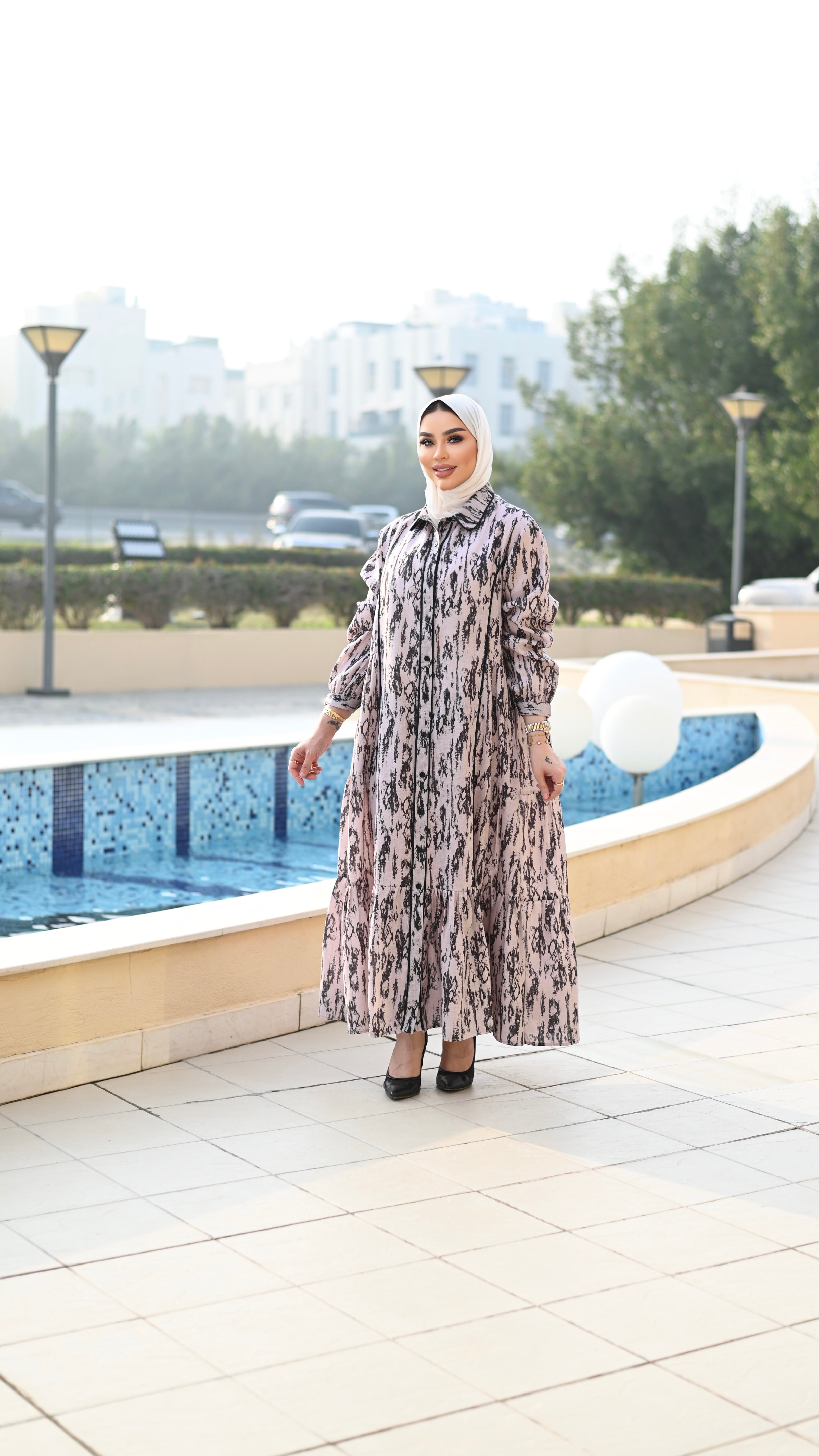 Patterned Linen Dress – Beige