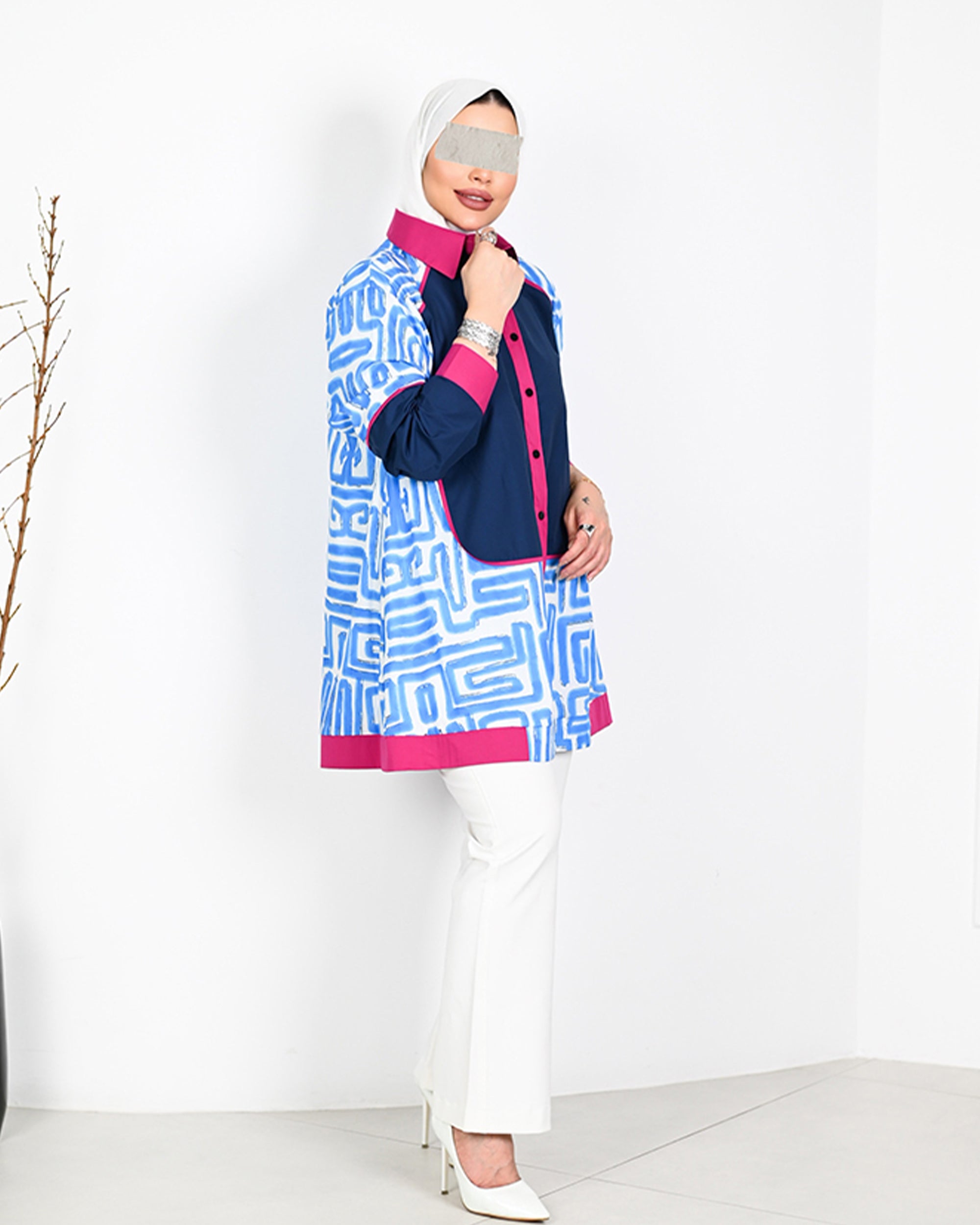 Geometric Poplin Shirt – Blue & Pink