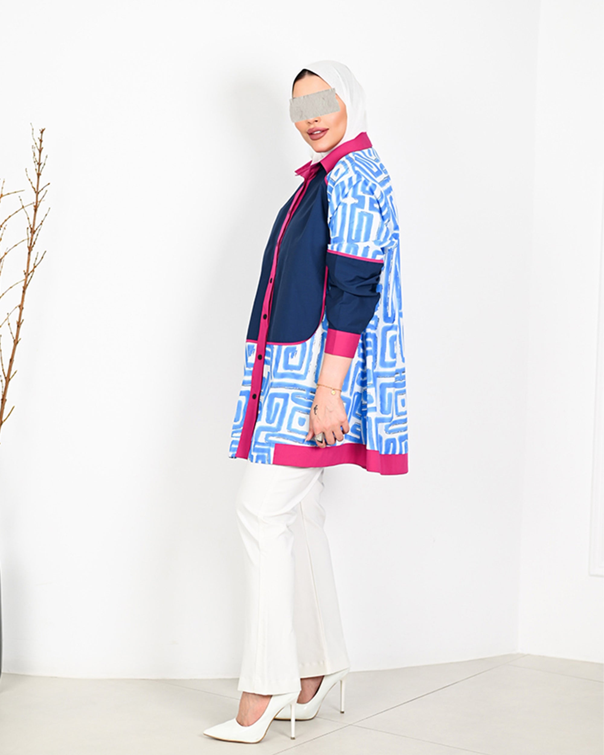 Geometric Poplin Shirt – Blue & Pink