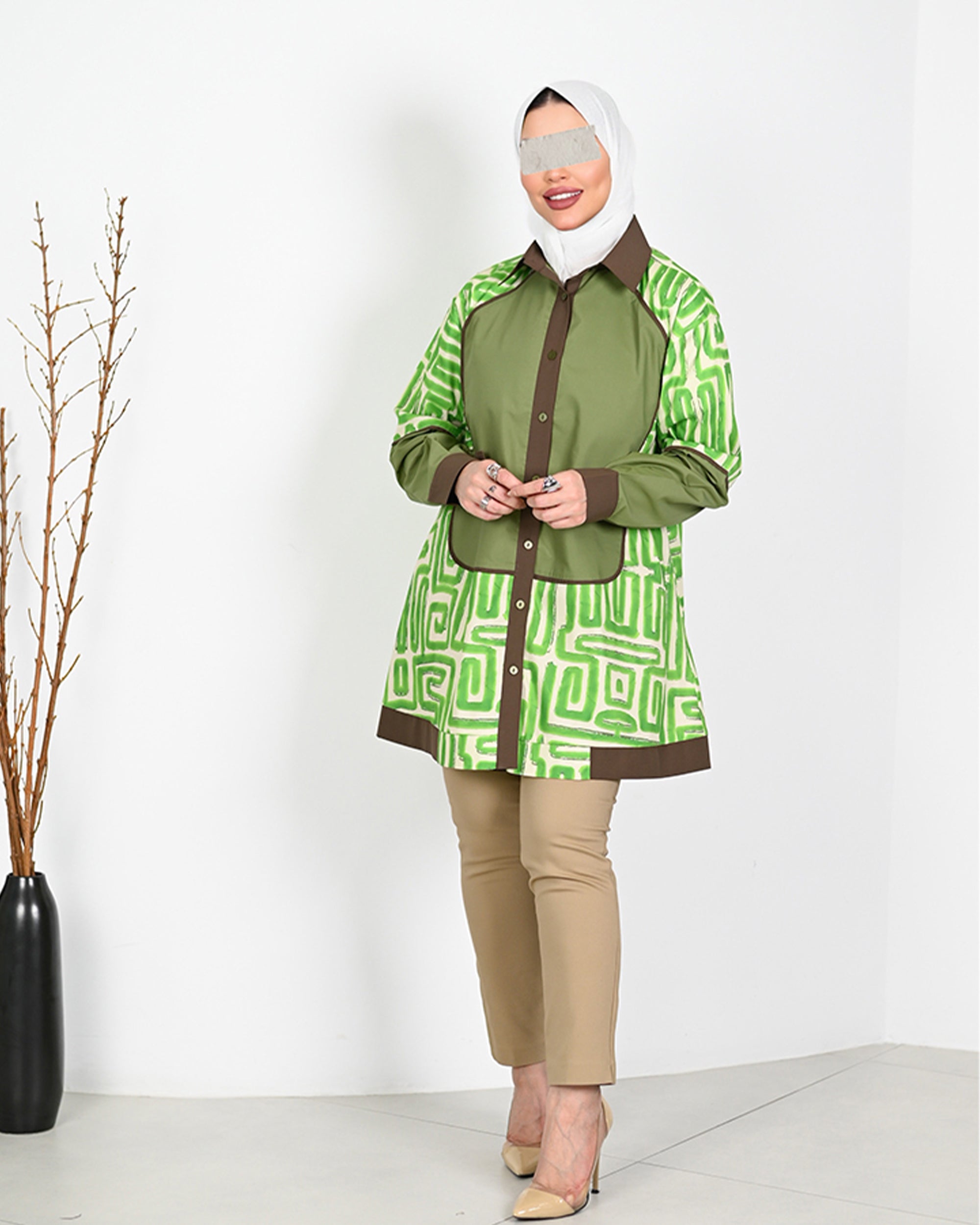 Geometric Poplin Shirt – Green & Brown