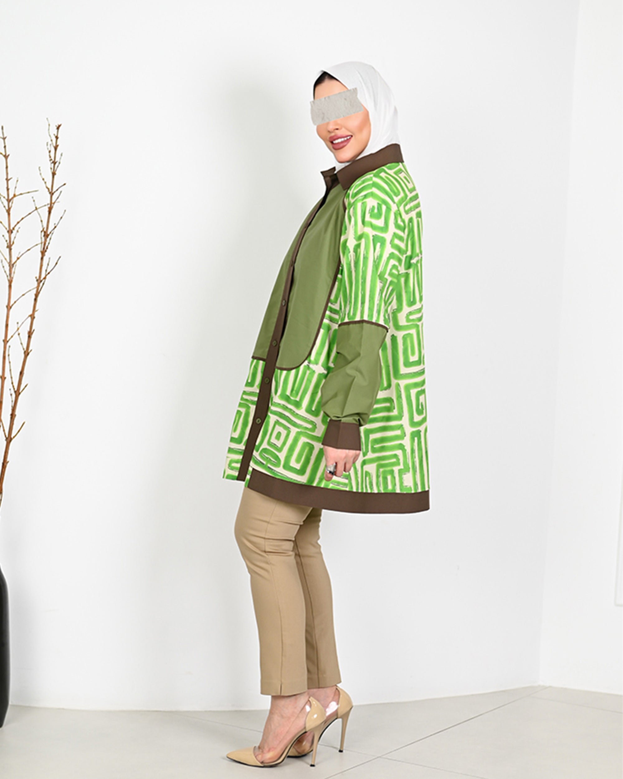 Geometric Poplin Shirt – Green & Brown