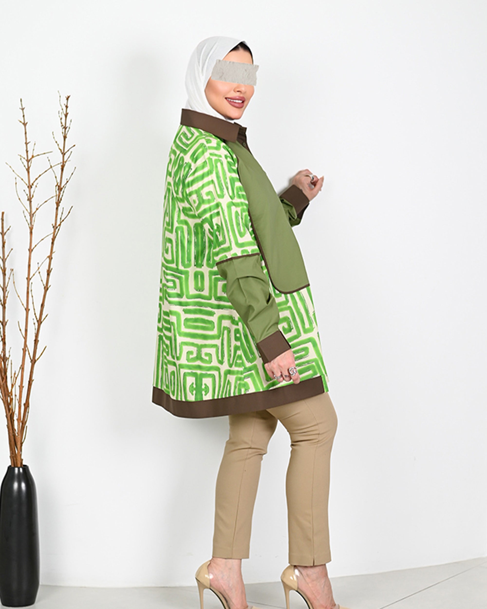 Geometric Poplin Shirt – Green & Brown