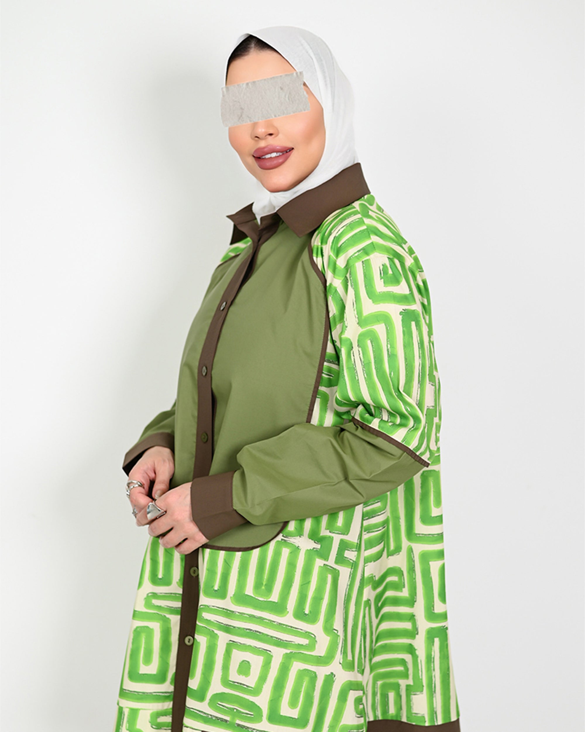 Geometric Poplin Shirt – Green & Brown