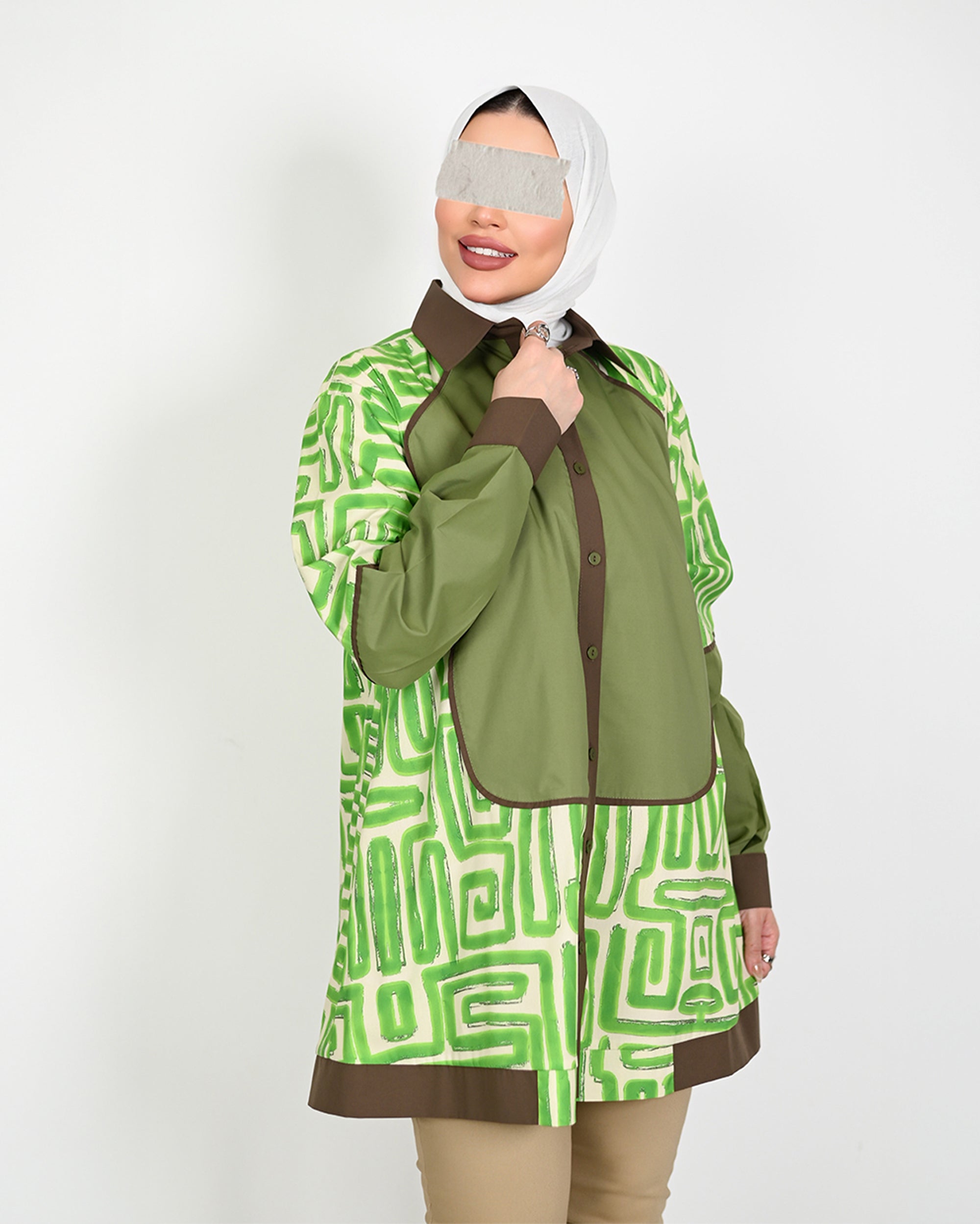 Geometric Poplin Shirt – Green & Brown