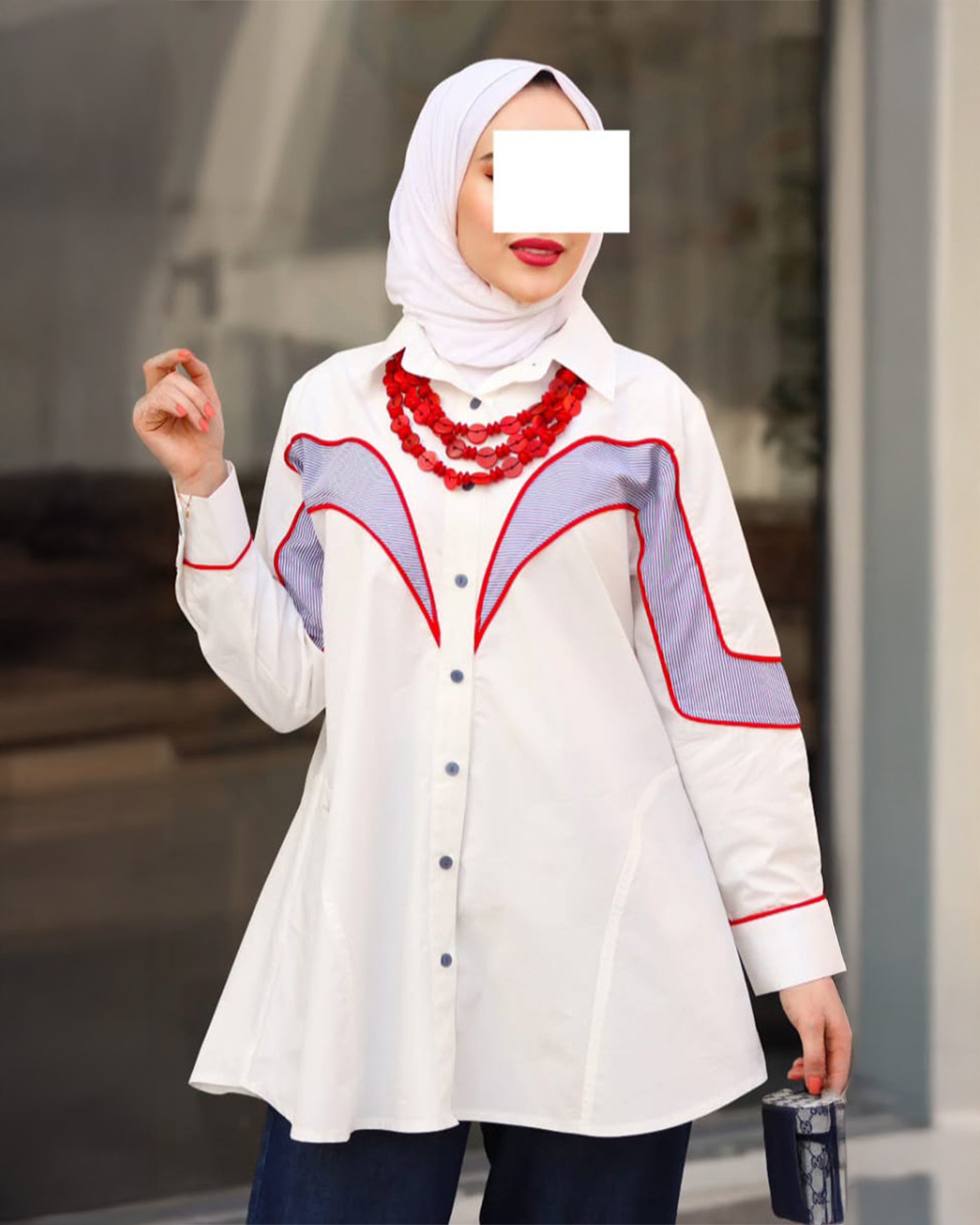 قميص بوبلين بخياطة حمراء