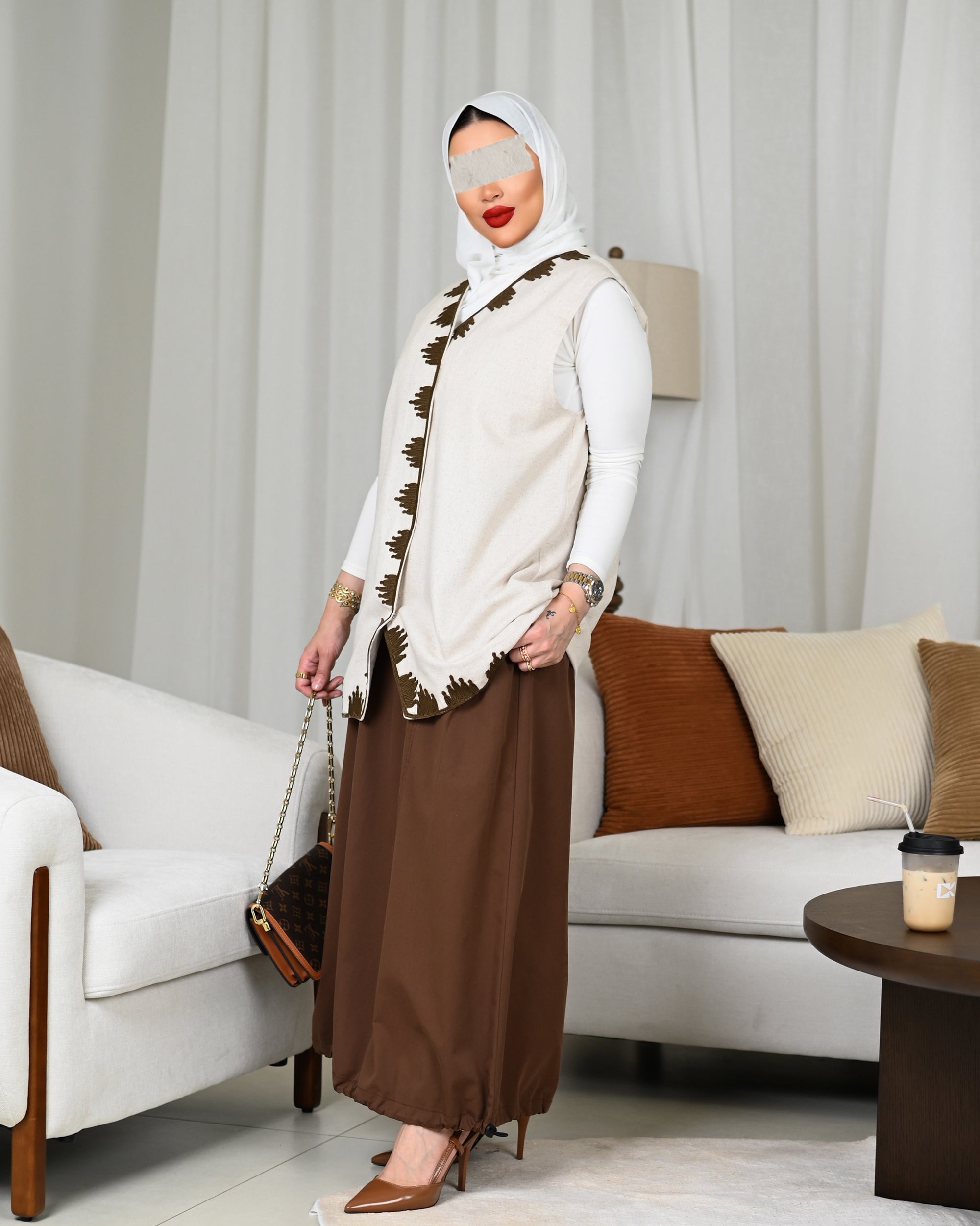 Beige Linen Embroidered Vest