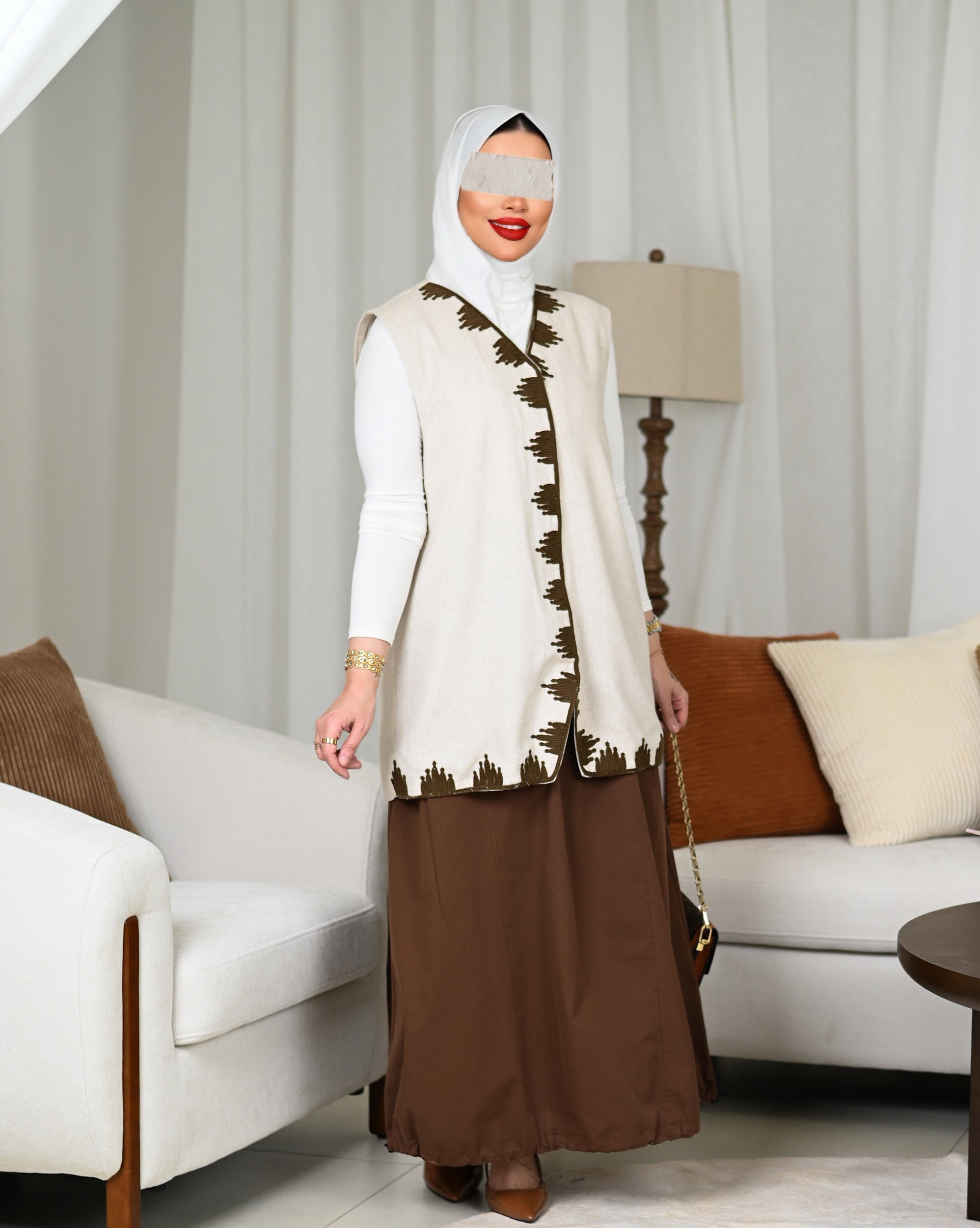 Beige Linen Embroidered Vest