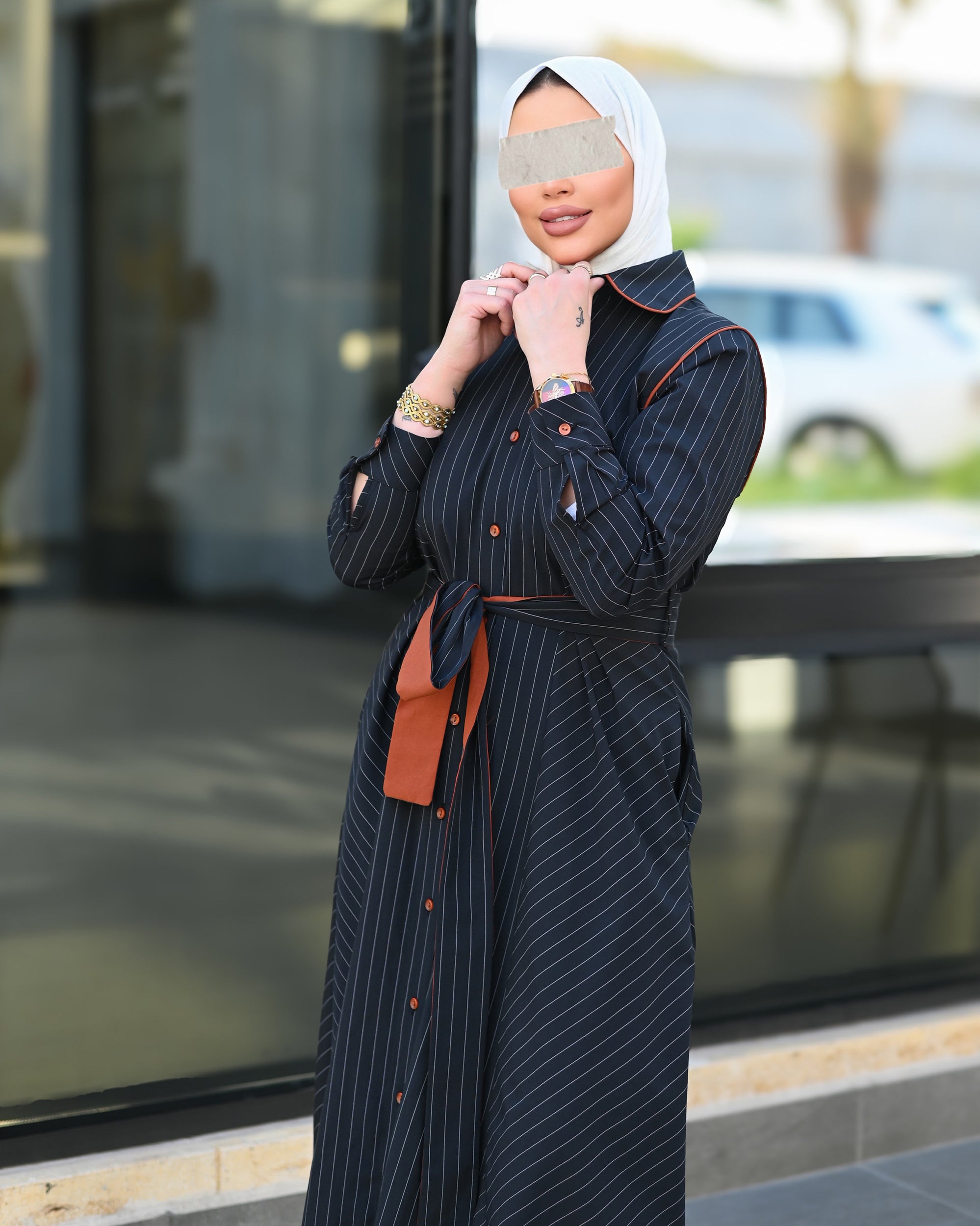 Striped Belted Poplin Navy Long Shirt