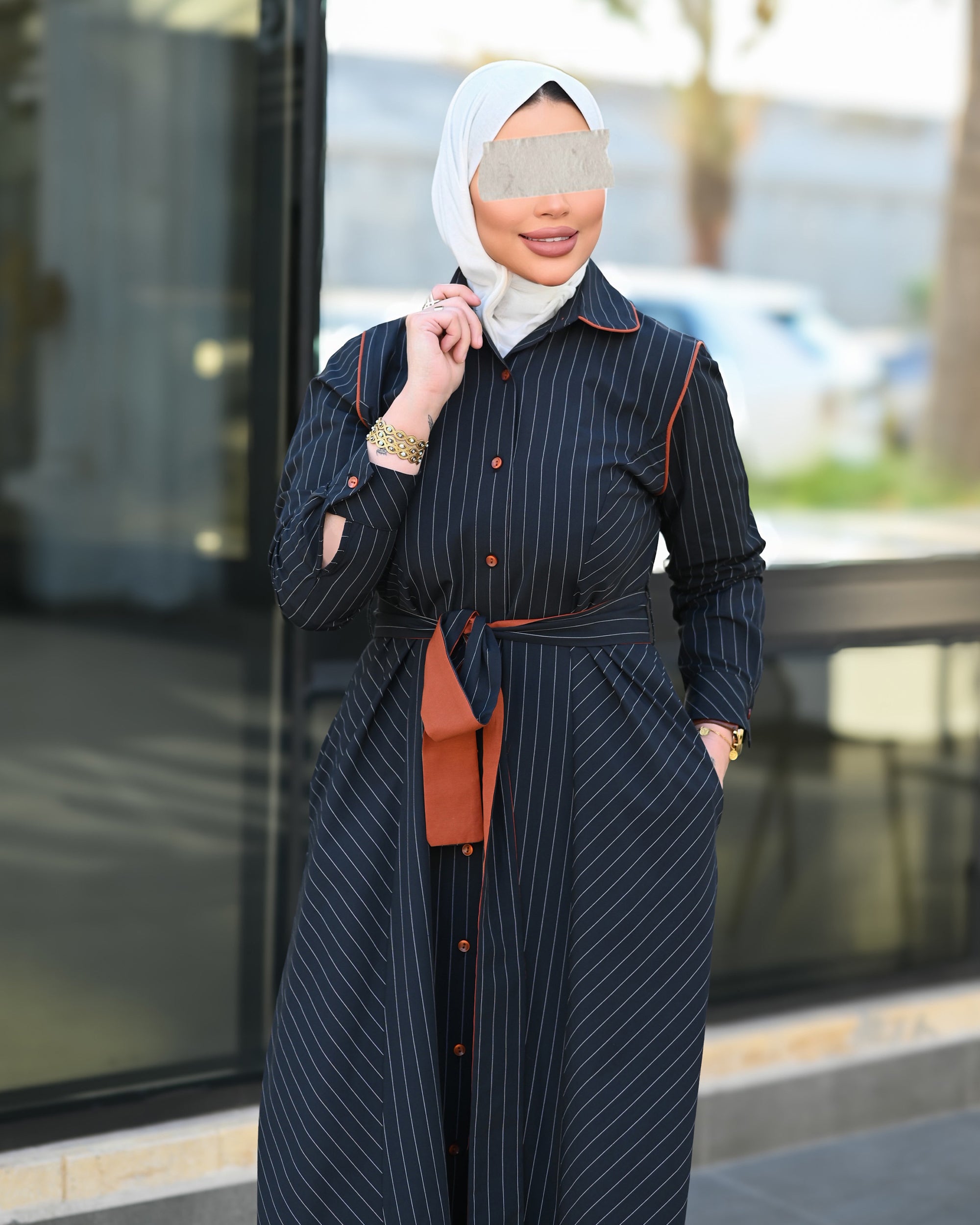 Striped Belted Poplin Navy Long Shirt