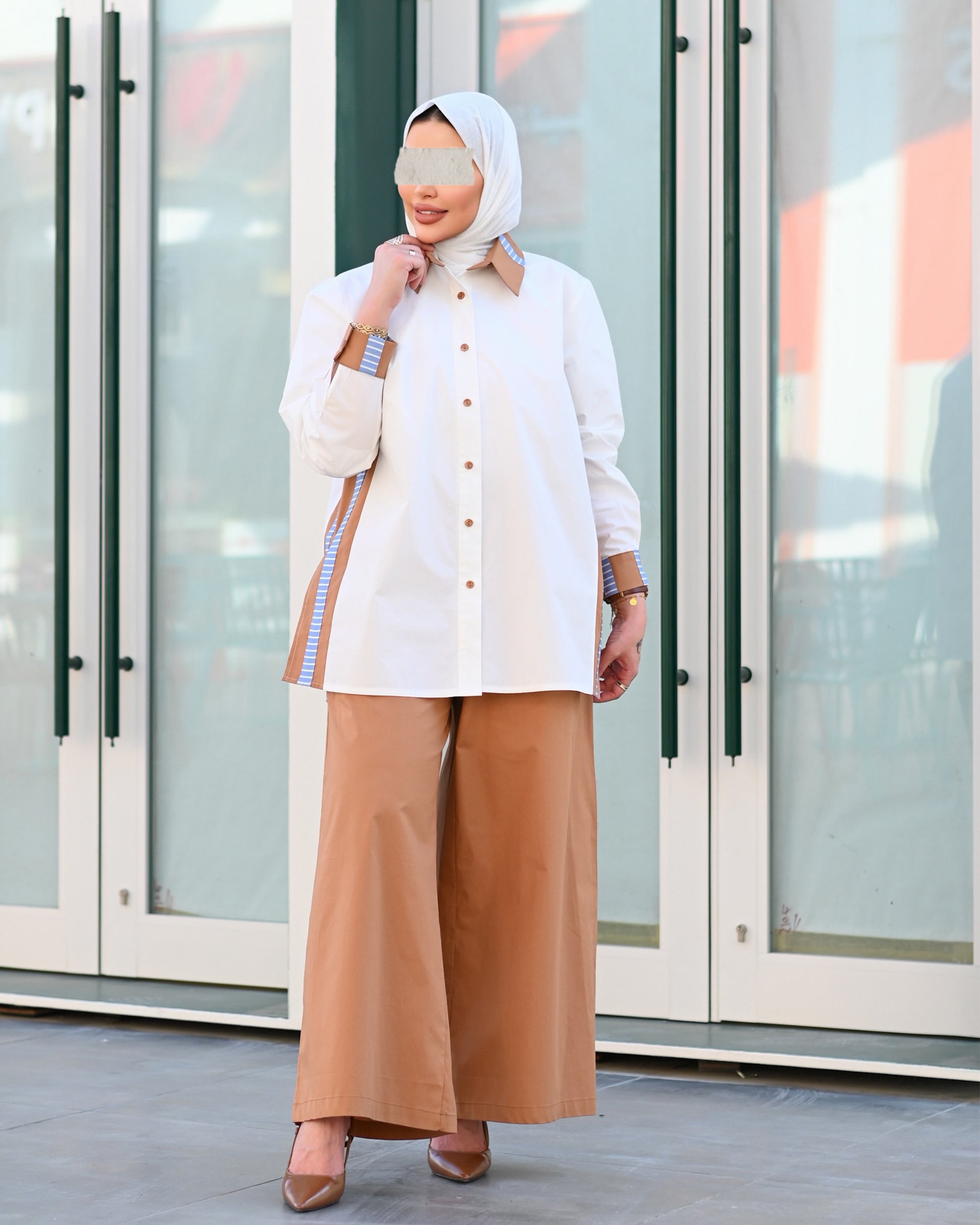Contrast Detail Poplin Shirt – White & Caramel