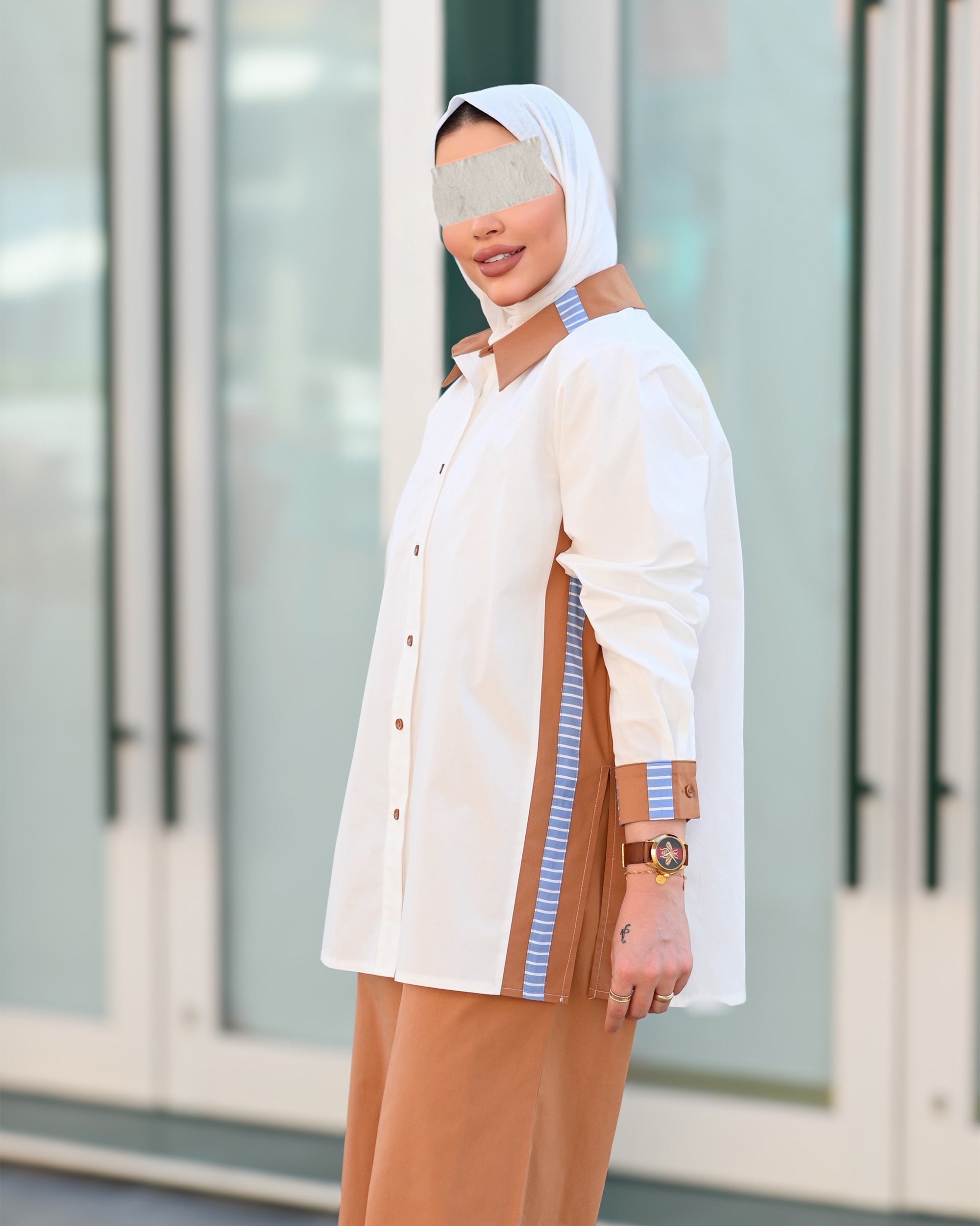 Contrast Detail Poplin Shirt – White & Caramel