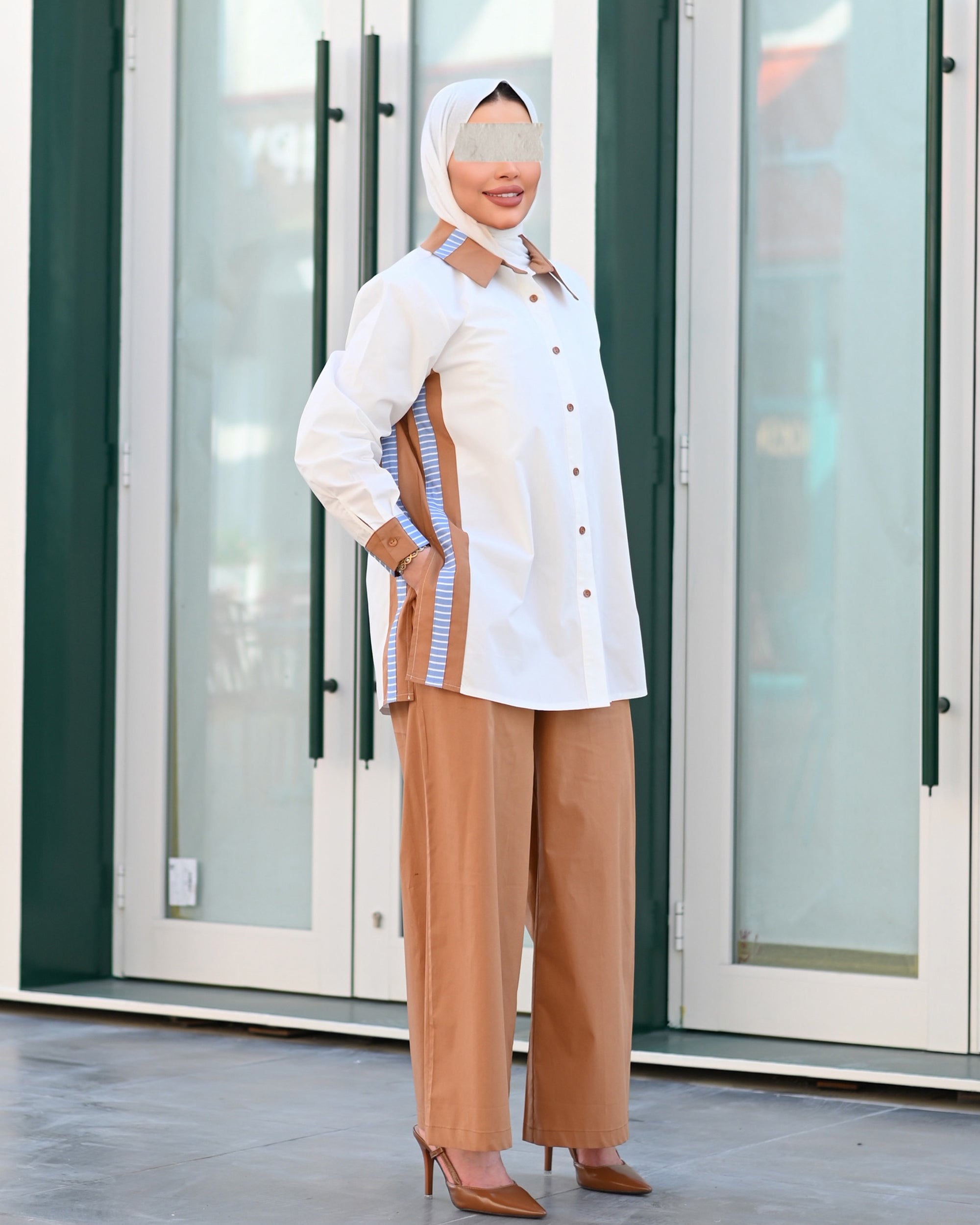 Contrast Detail Poplin Shirt – White & Caramel