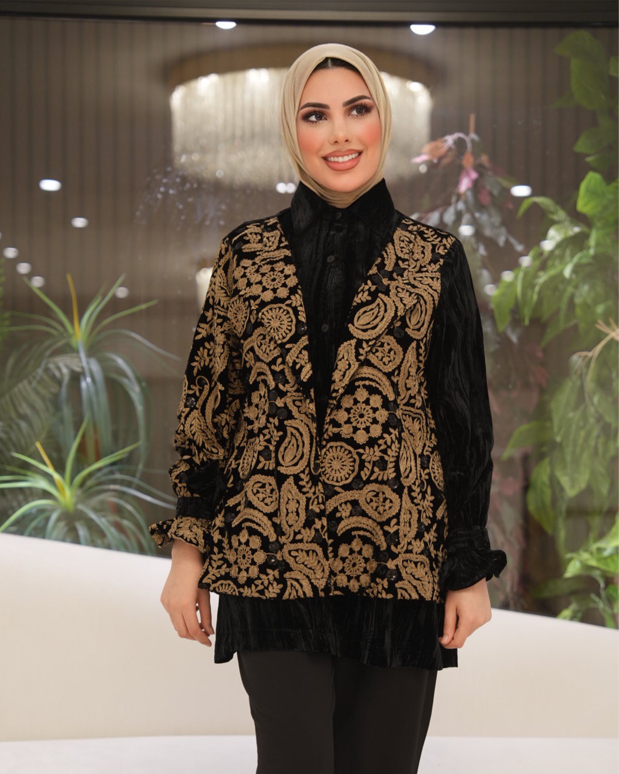 Embroidered Velvet Shirt – Black & Gold