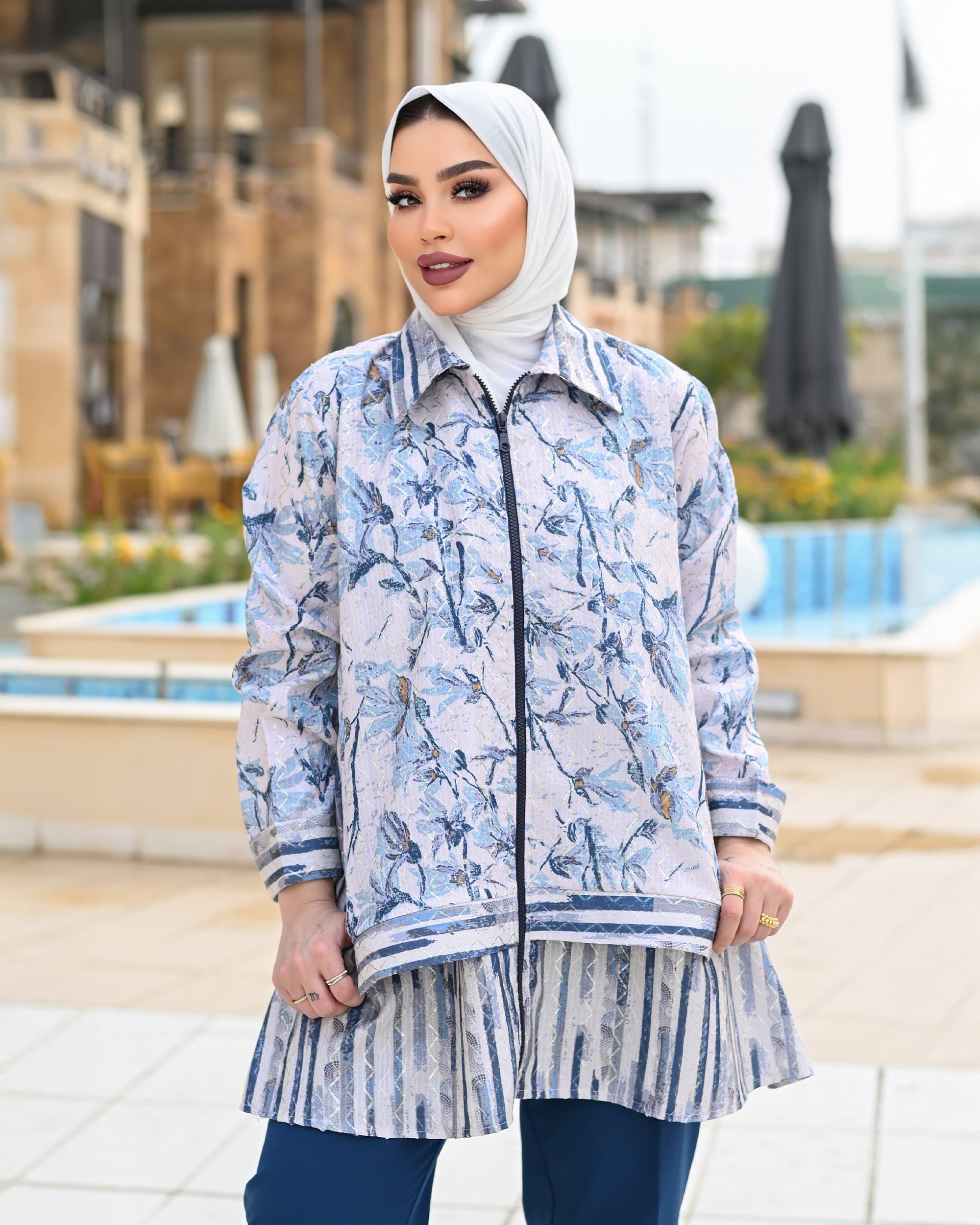 Classic Jacquard Zip Shirt – Blue Grey