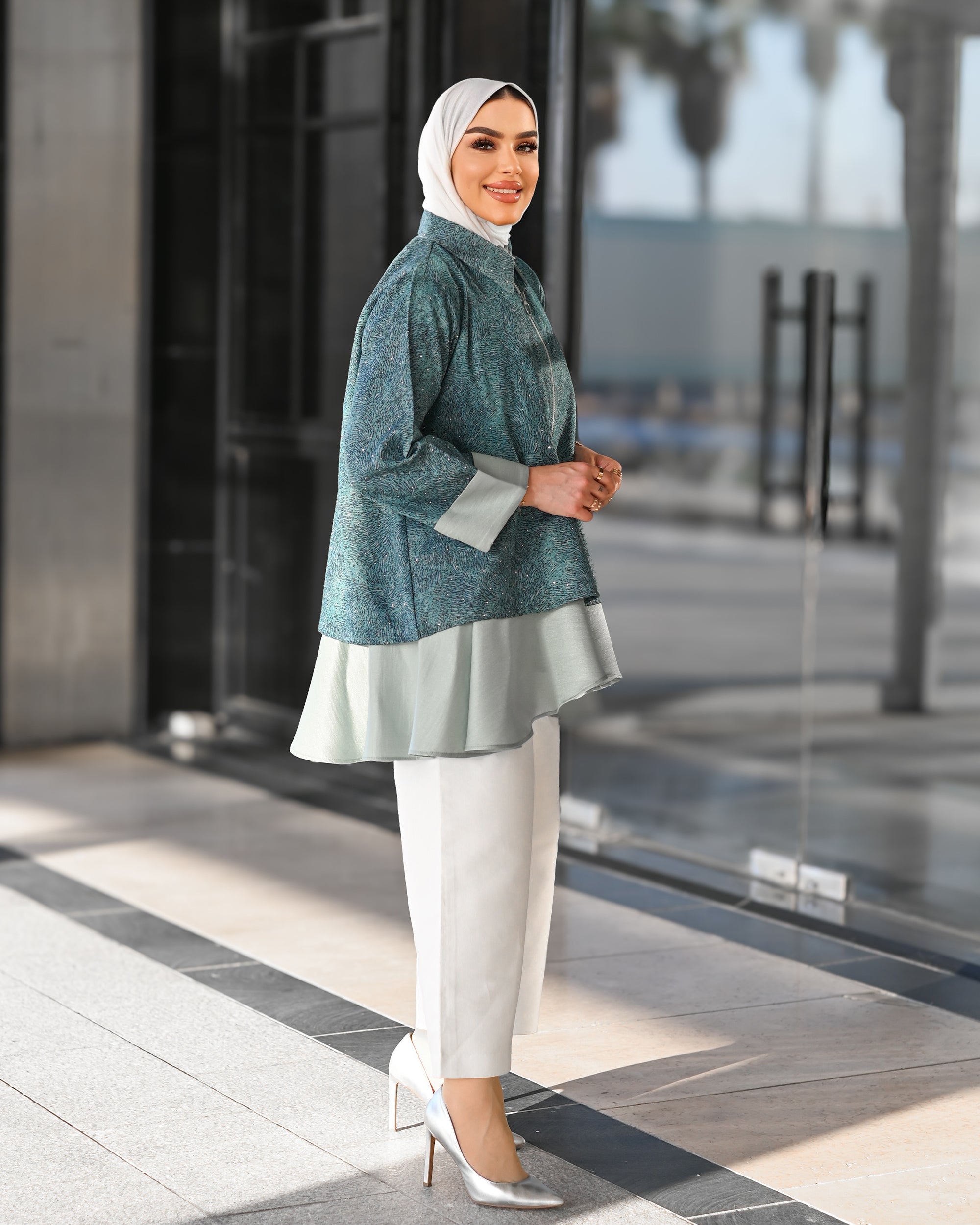 Layered Cotton Jacket – Teal Green