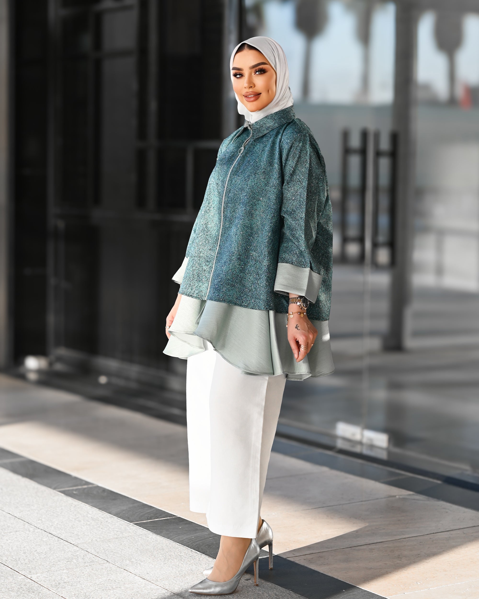 Layered Cotton Jacket – Teal Green