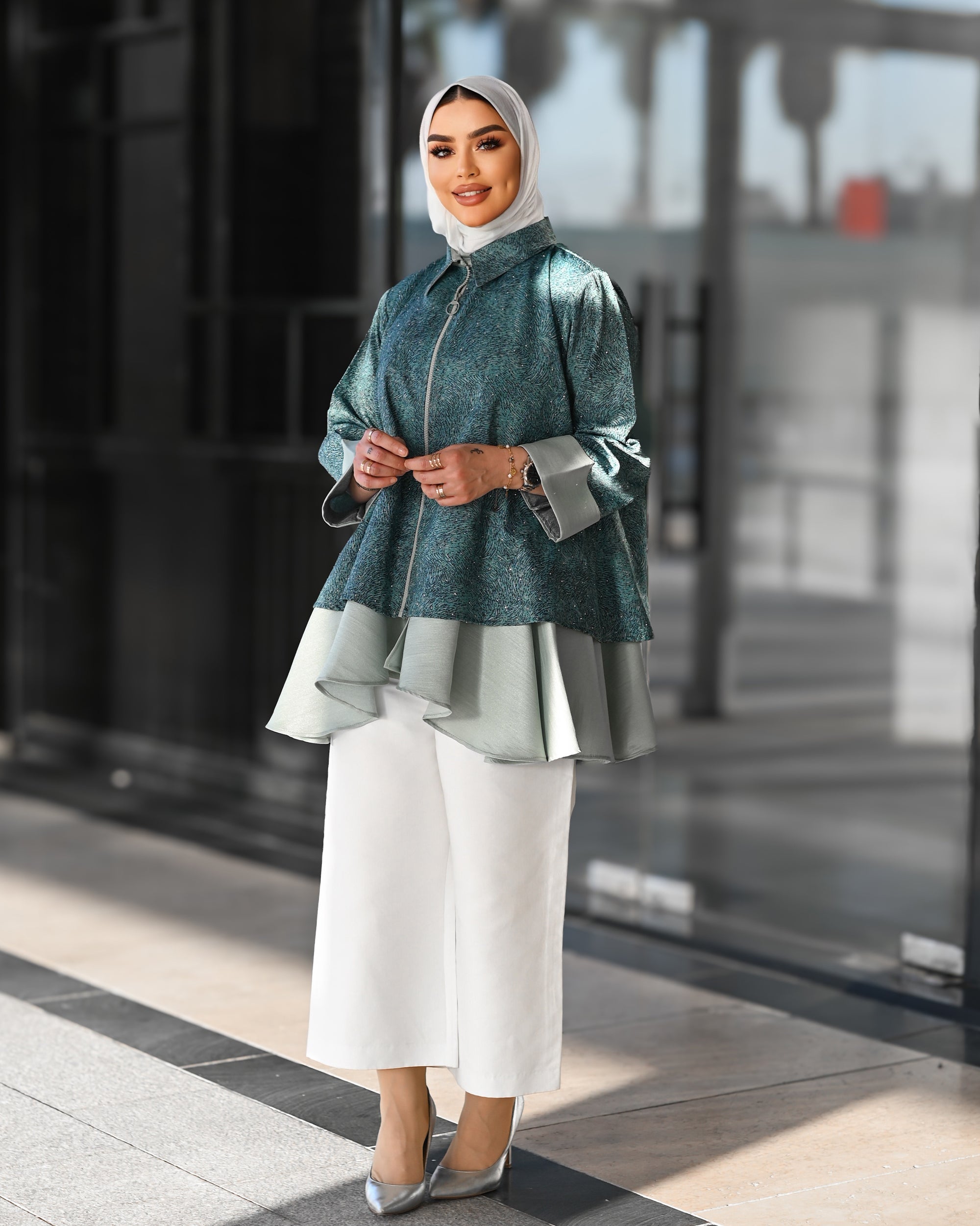 Layered Cotton Jacket – Teal Green