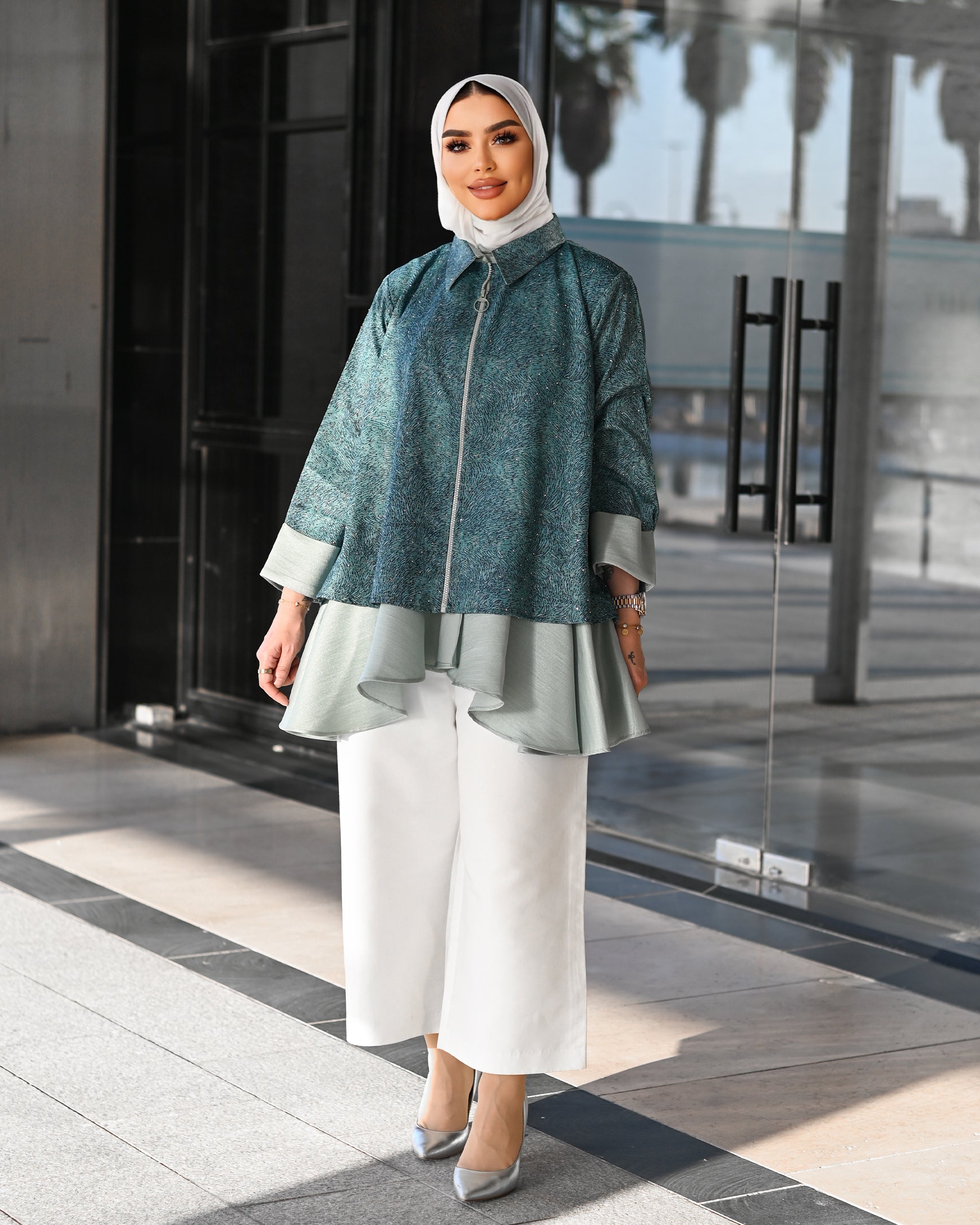 Layered Cotton Jacket – Teal Green