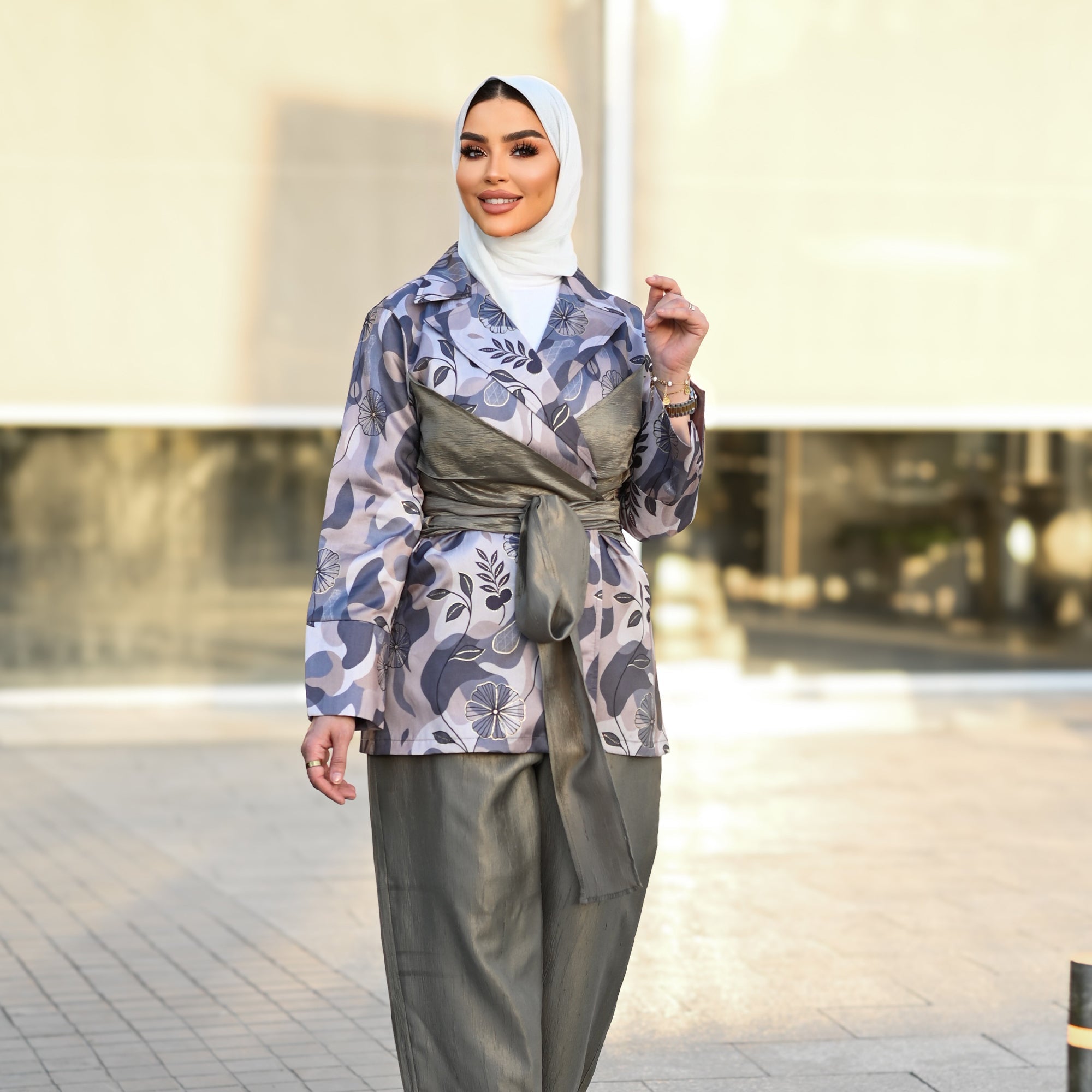 Floral Taffeta Set – Grey Olive