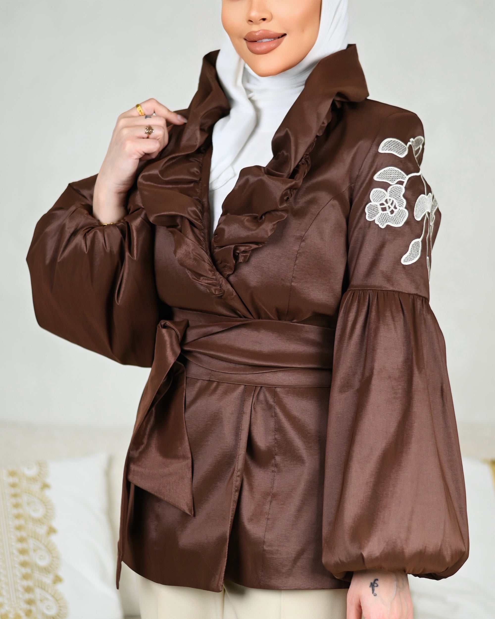 Embroidered Taffeta Jacket – Chocolate Brown