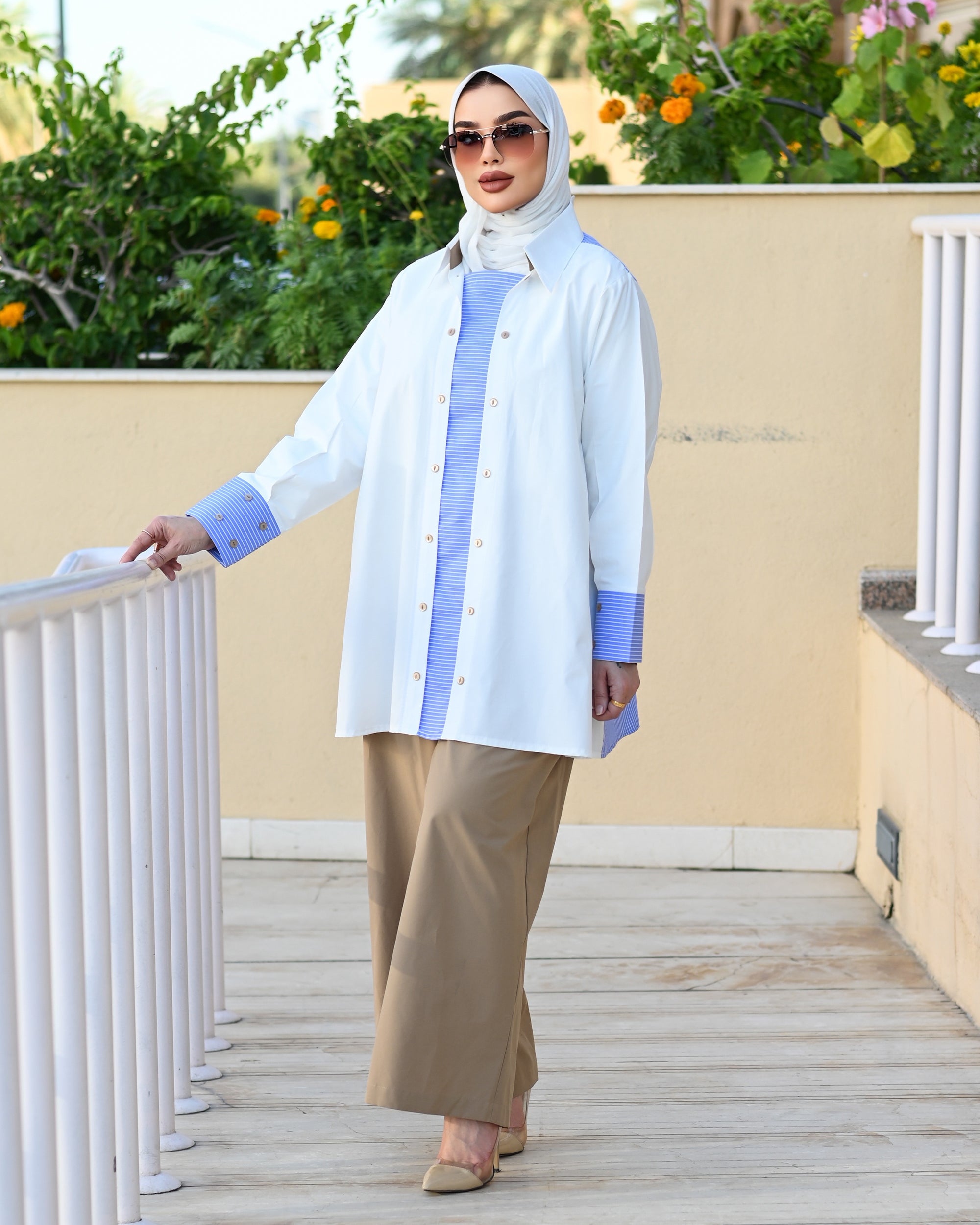 Contrast Stripe Poplin Shirt – White & Blue