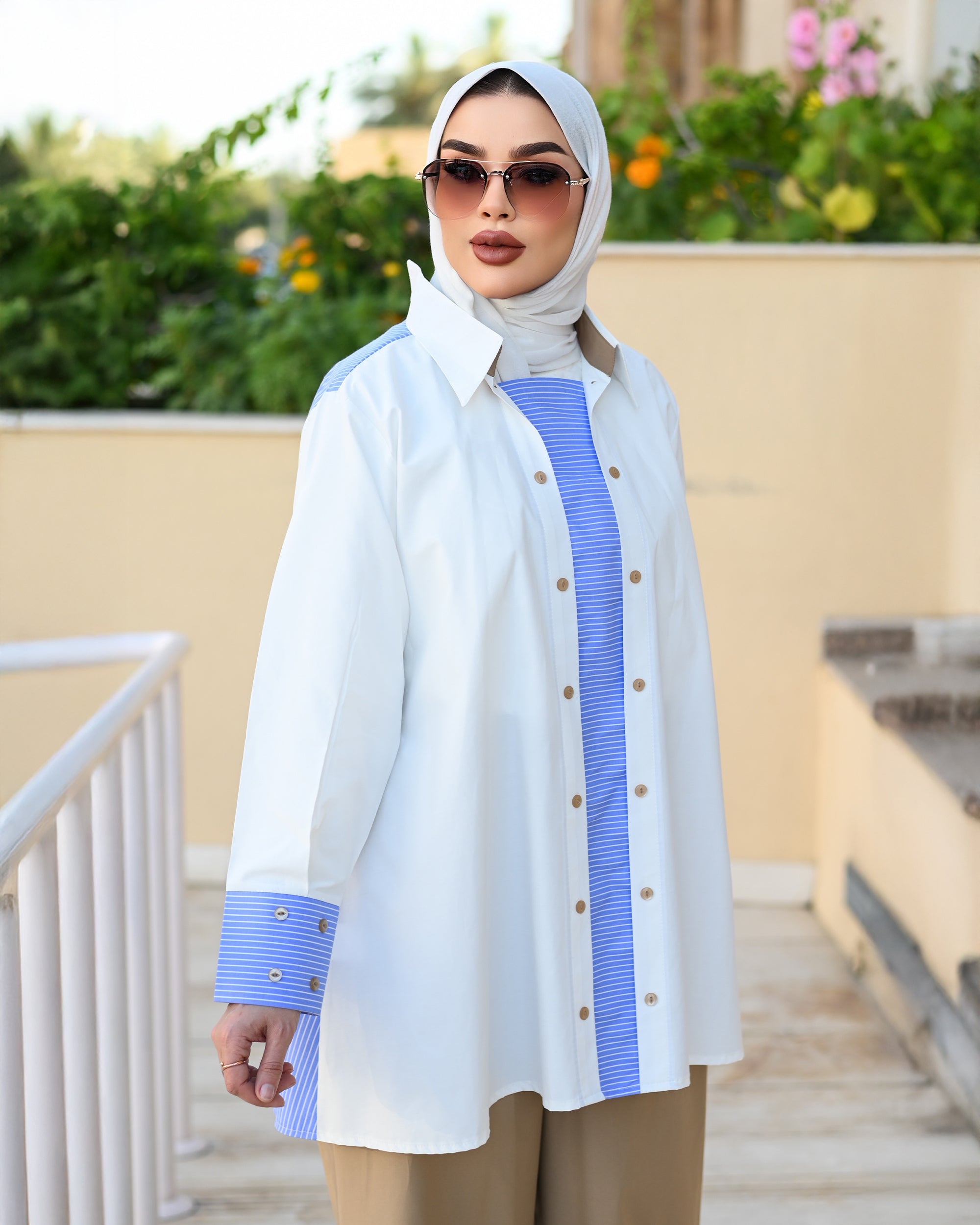 Contrast Stripe Poplin Shirt – White & Blue