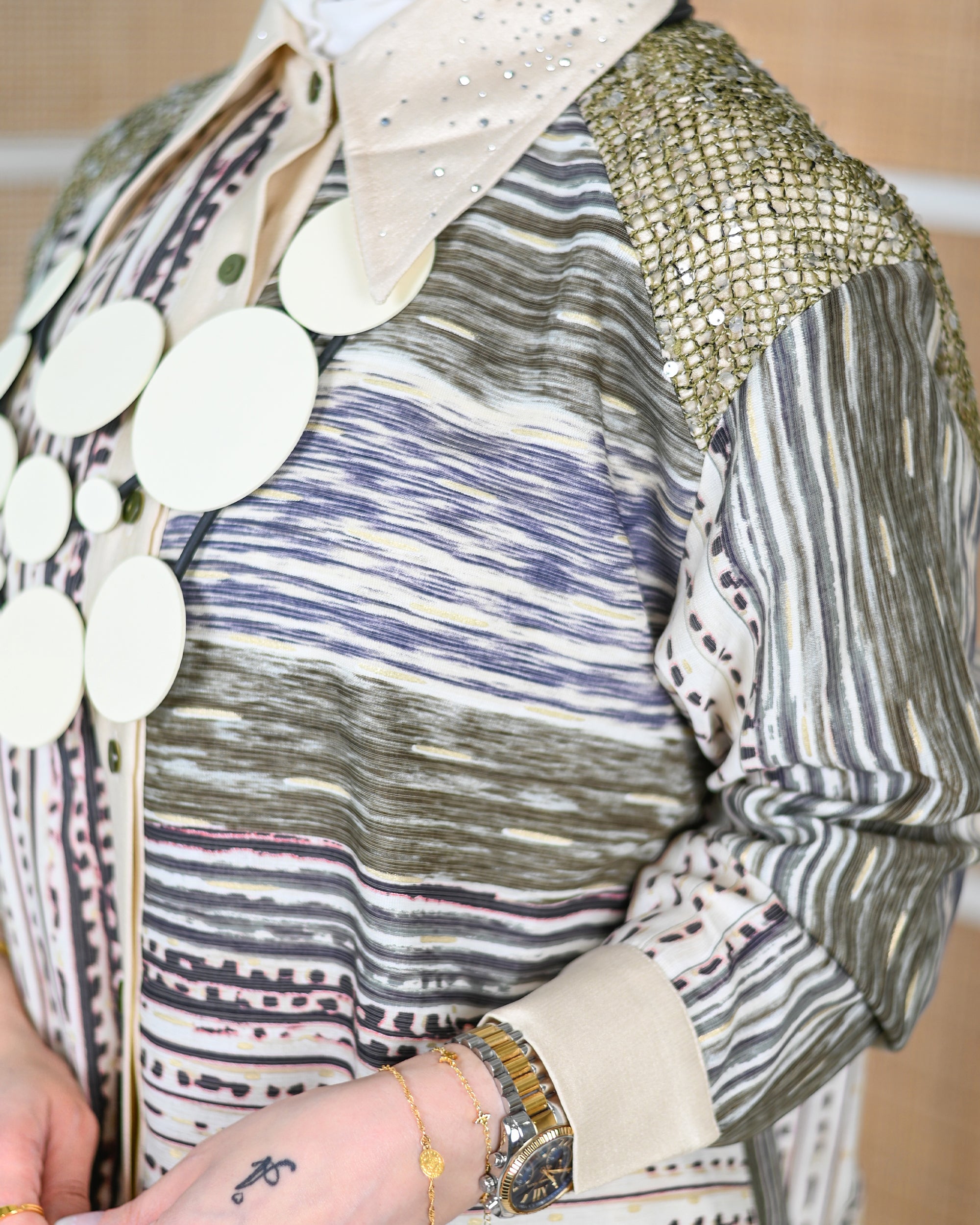 Artisan Pattern Cotton Shirt – Olive & Beige