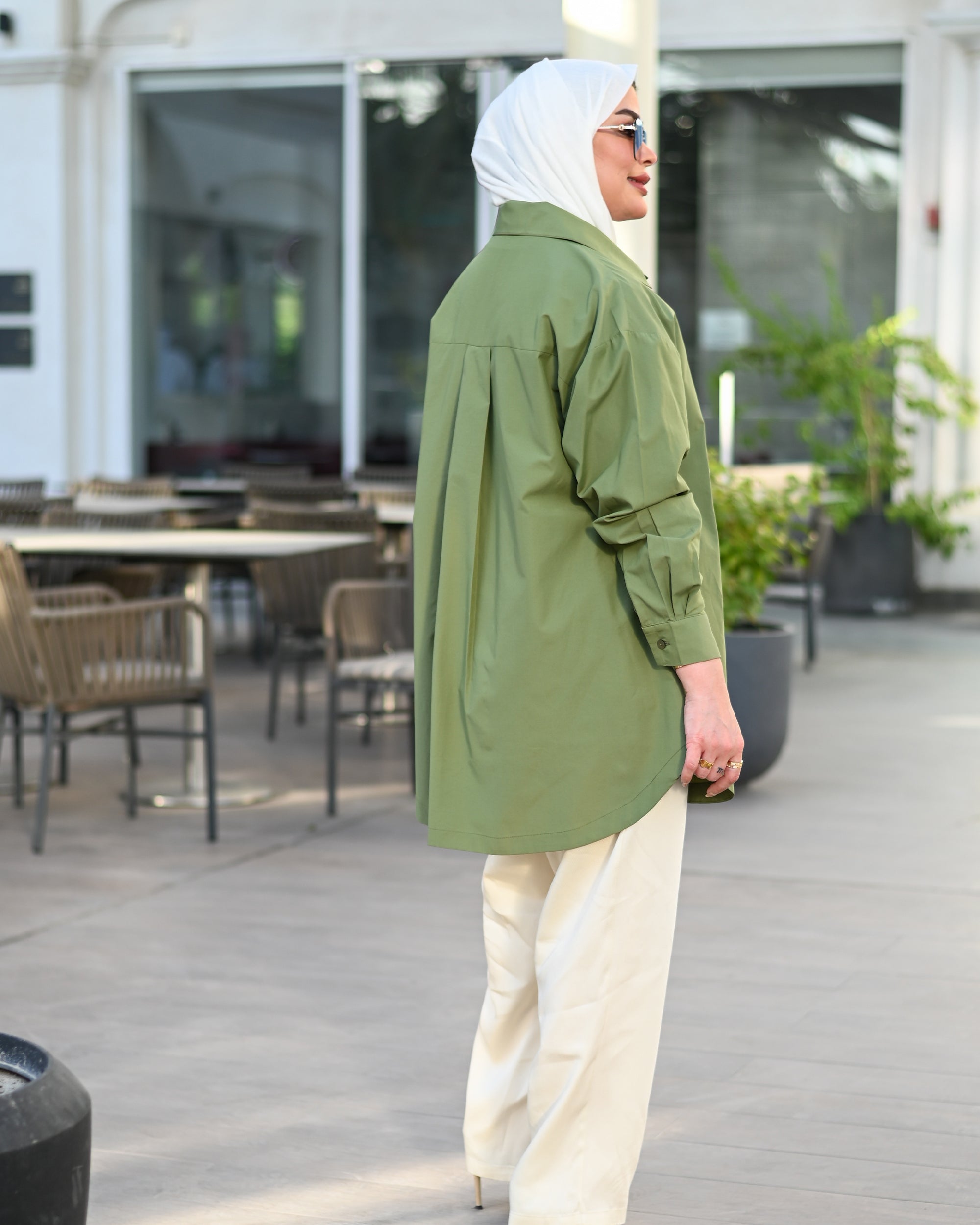 Floral Appliqué Poplin Shirt – Olive Green