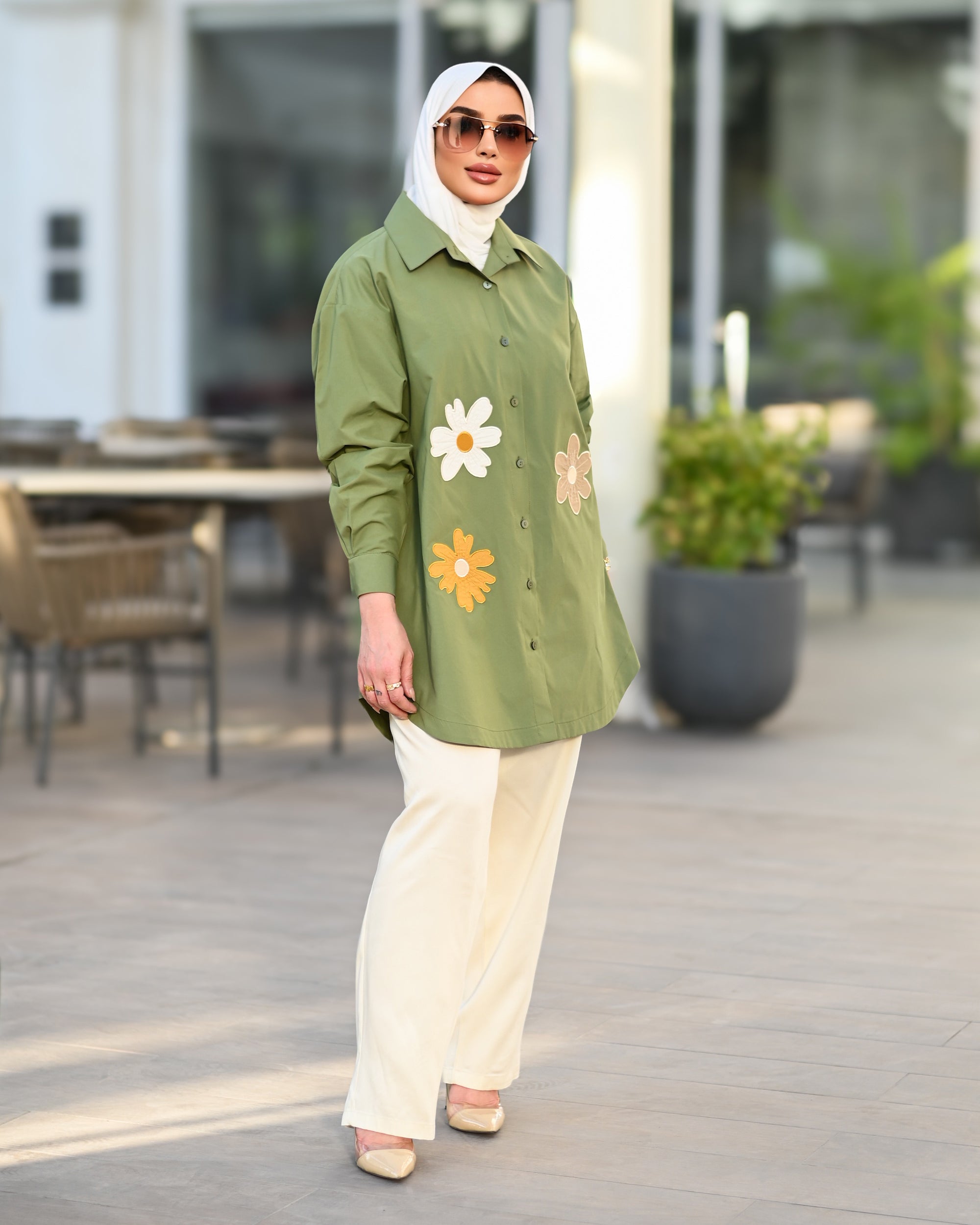 Floral Appliqué Poplin Shirt – Olive Green