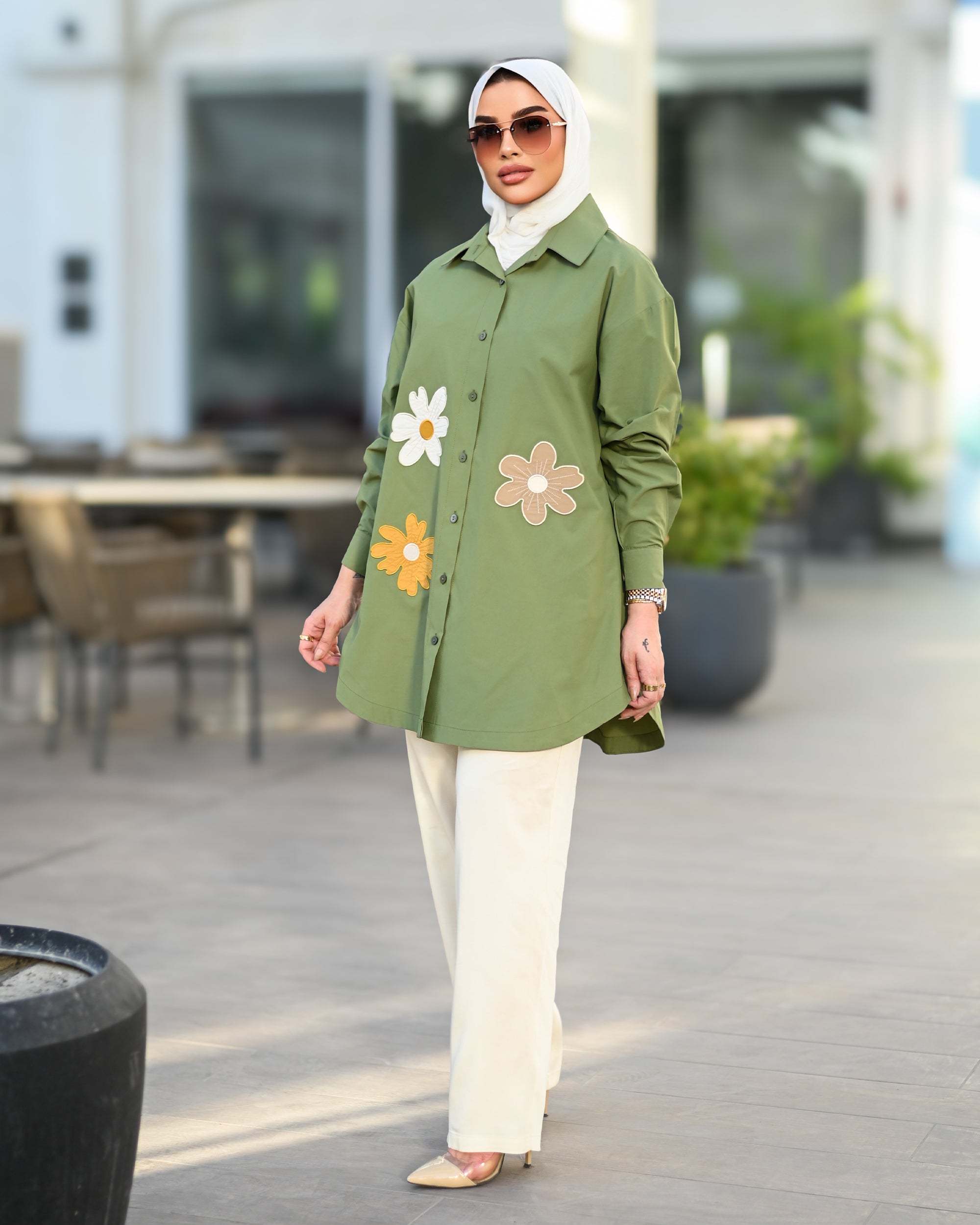 Floral Appliqué Poplin Shirt – Olive Green