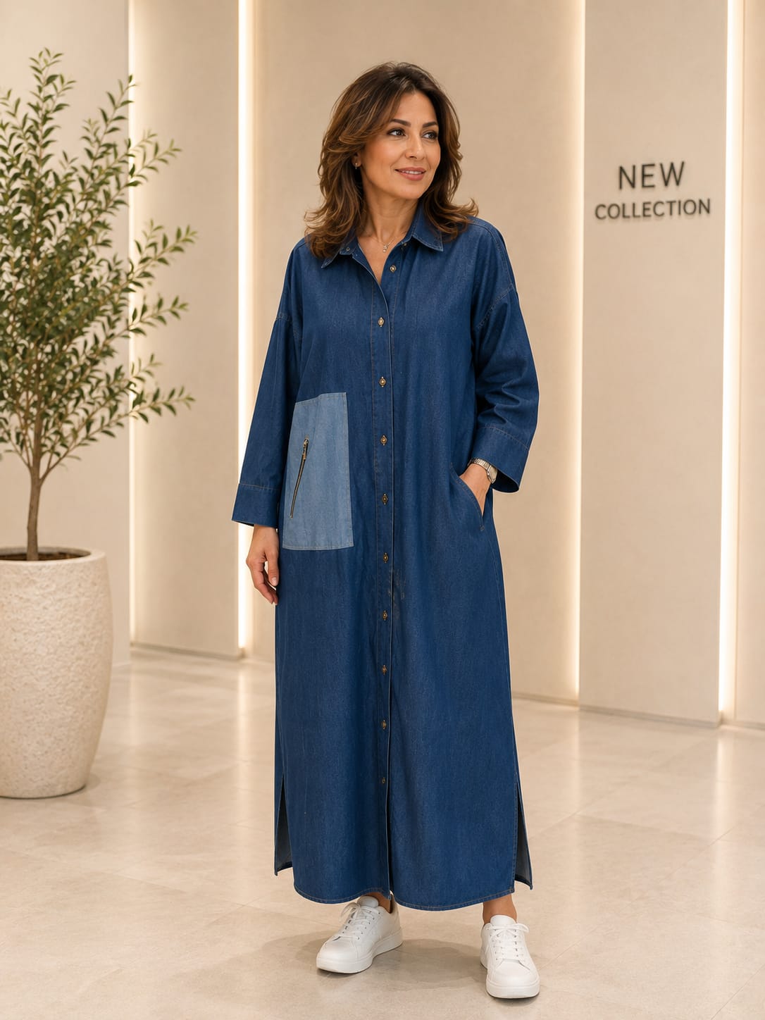 Contrast Pocket Denim Dress – Blue