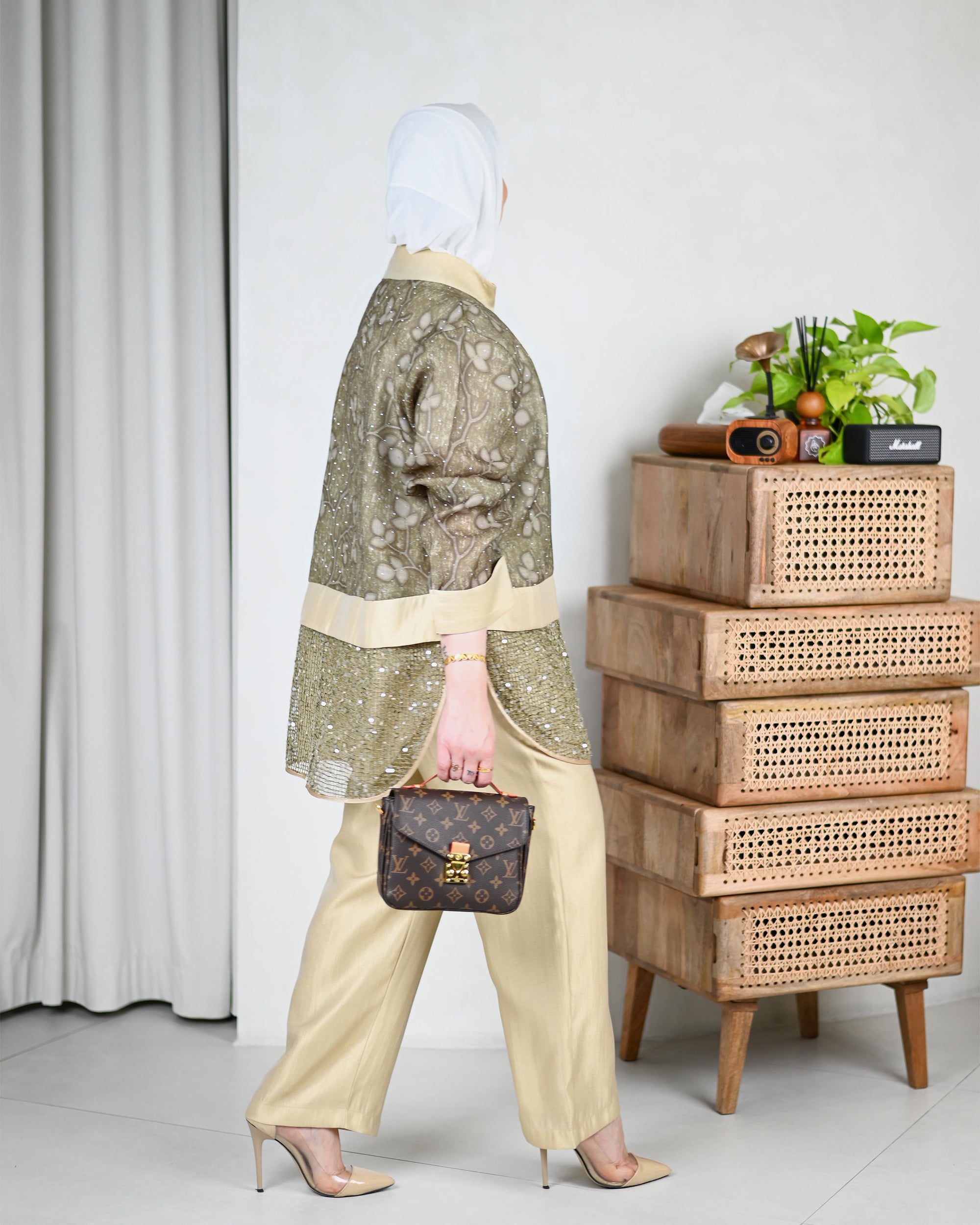 Embroidered Sequin Cotton Jacket – Olive Beige