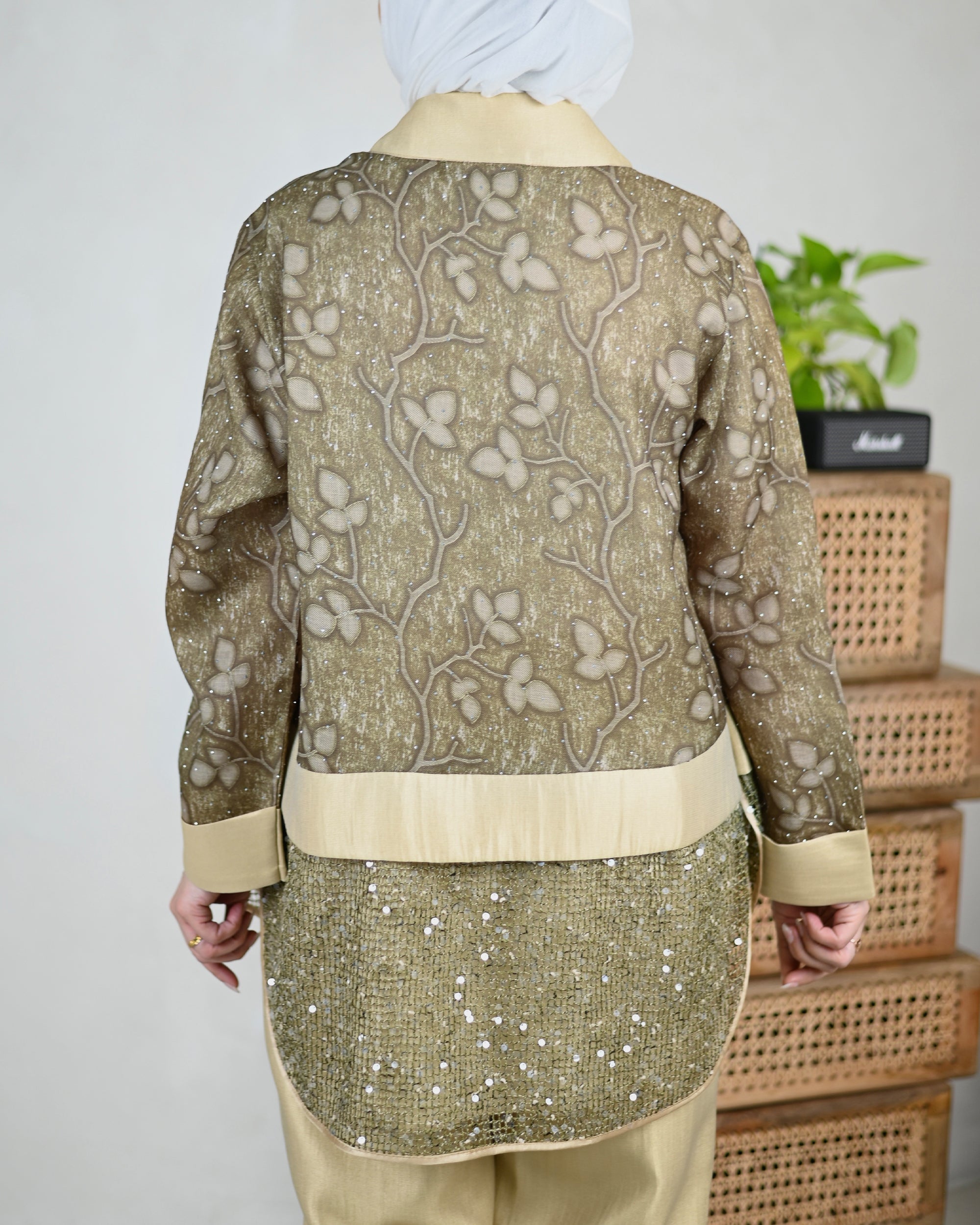 Embroidered Sequin Cotton Jacket – Olive Beige