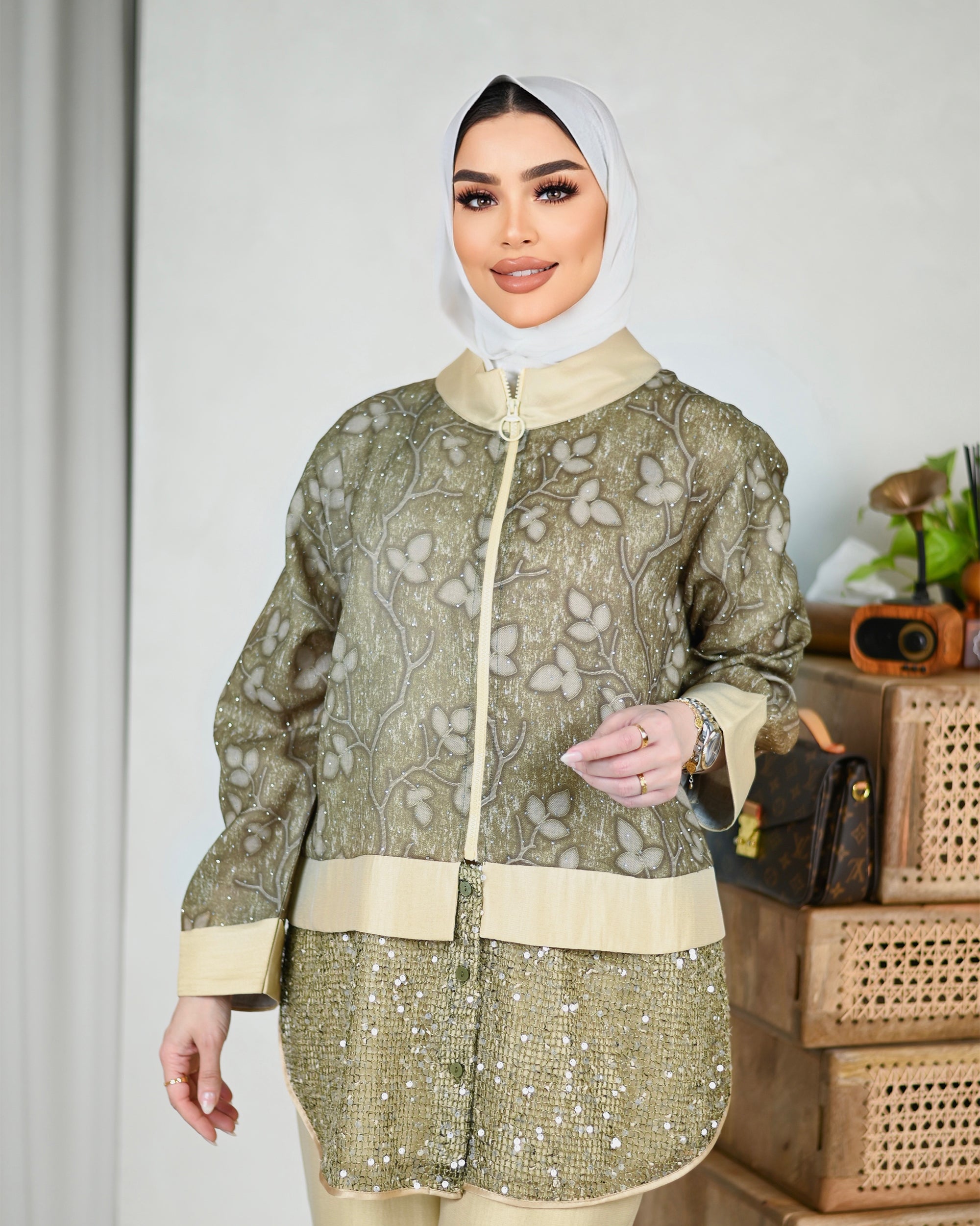 Embroidered Sequin Cotton Jacket – Olive Beige
