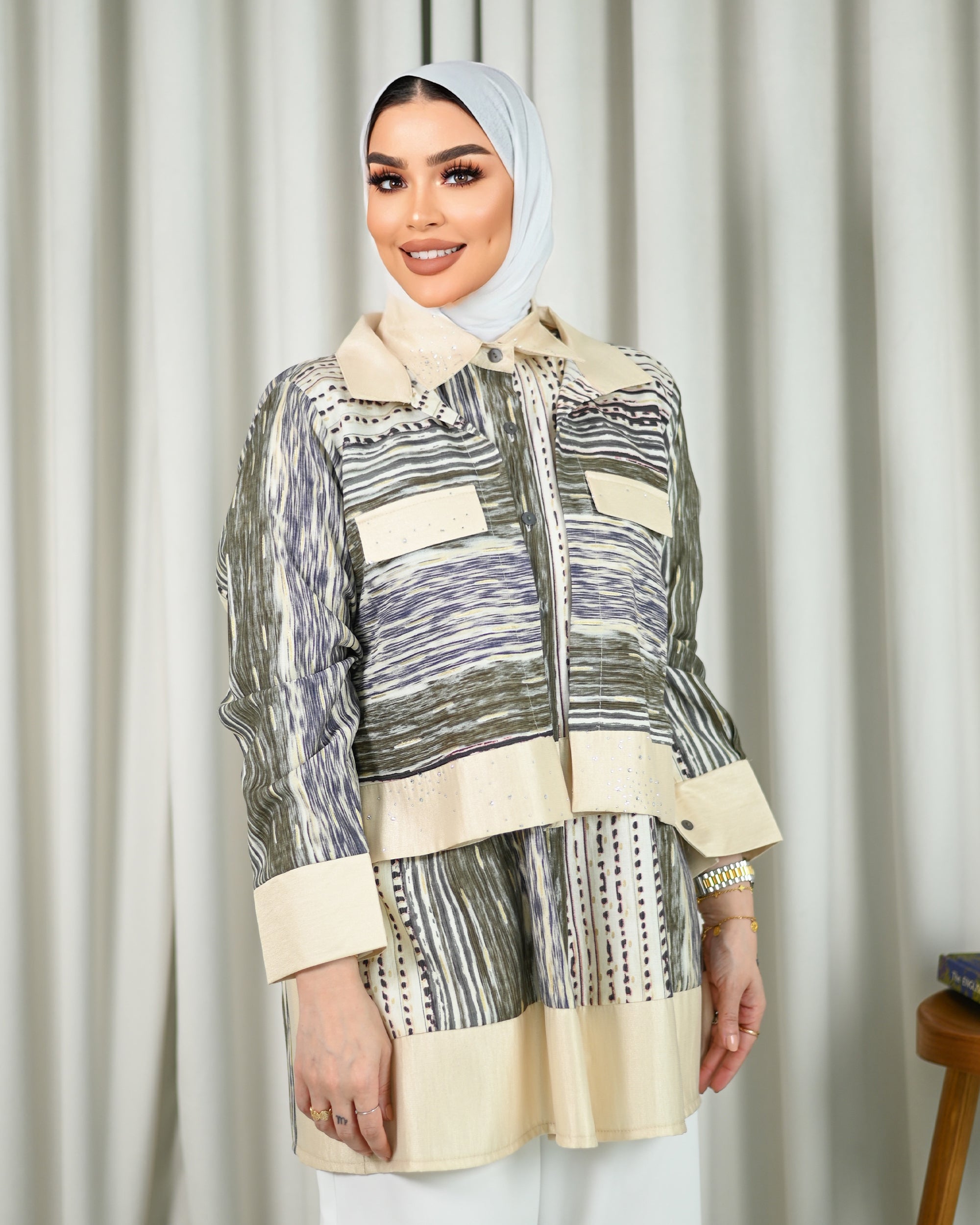 Abstract Lamé Cotton Shirt – Olive & Beige