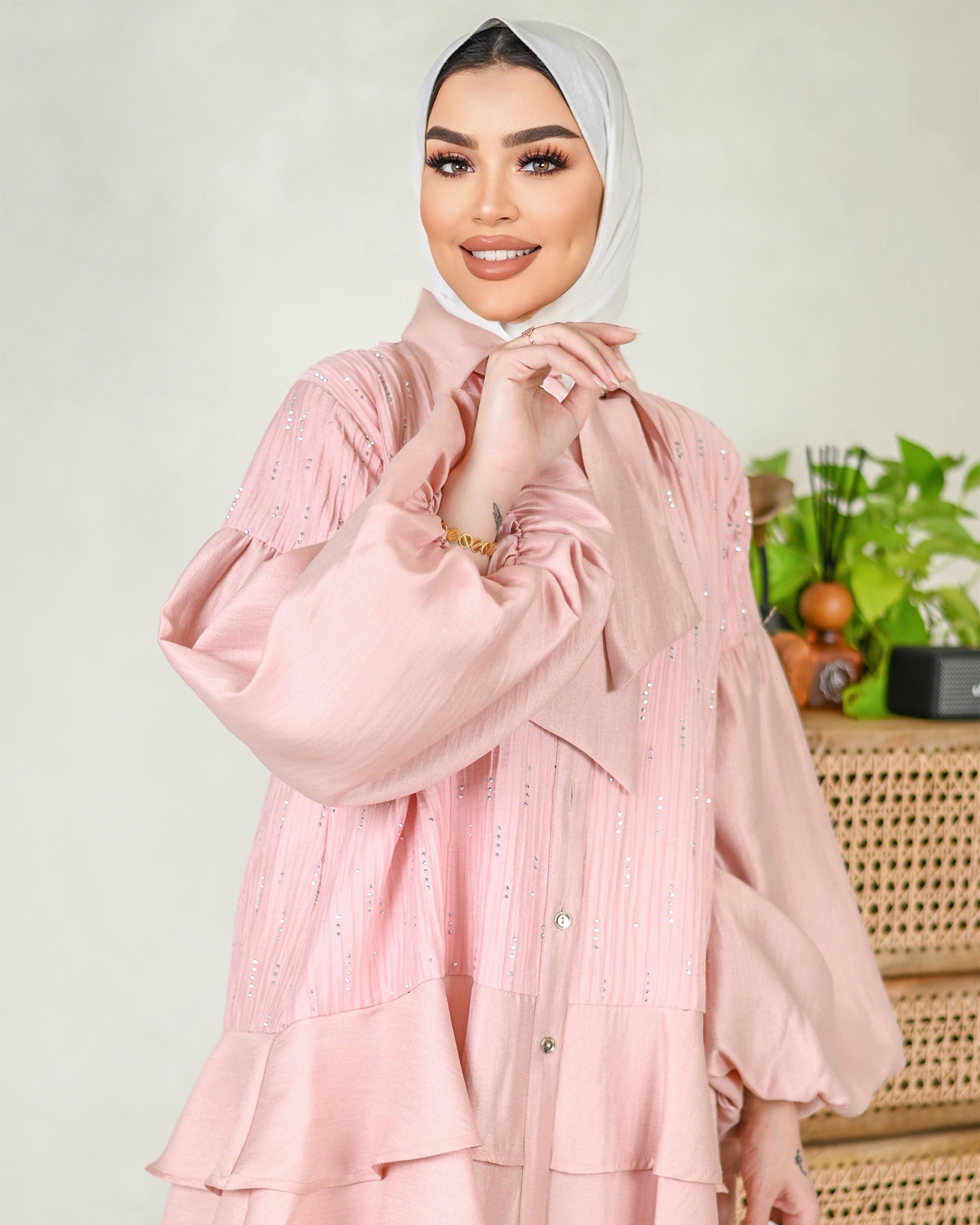 Crystal Tie-Neck Shantung Shirt – Blush Pink