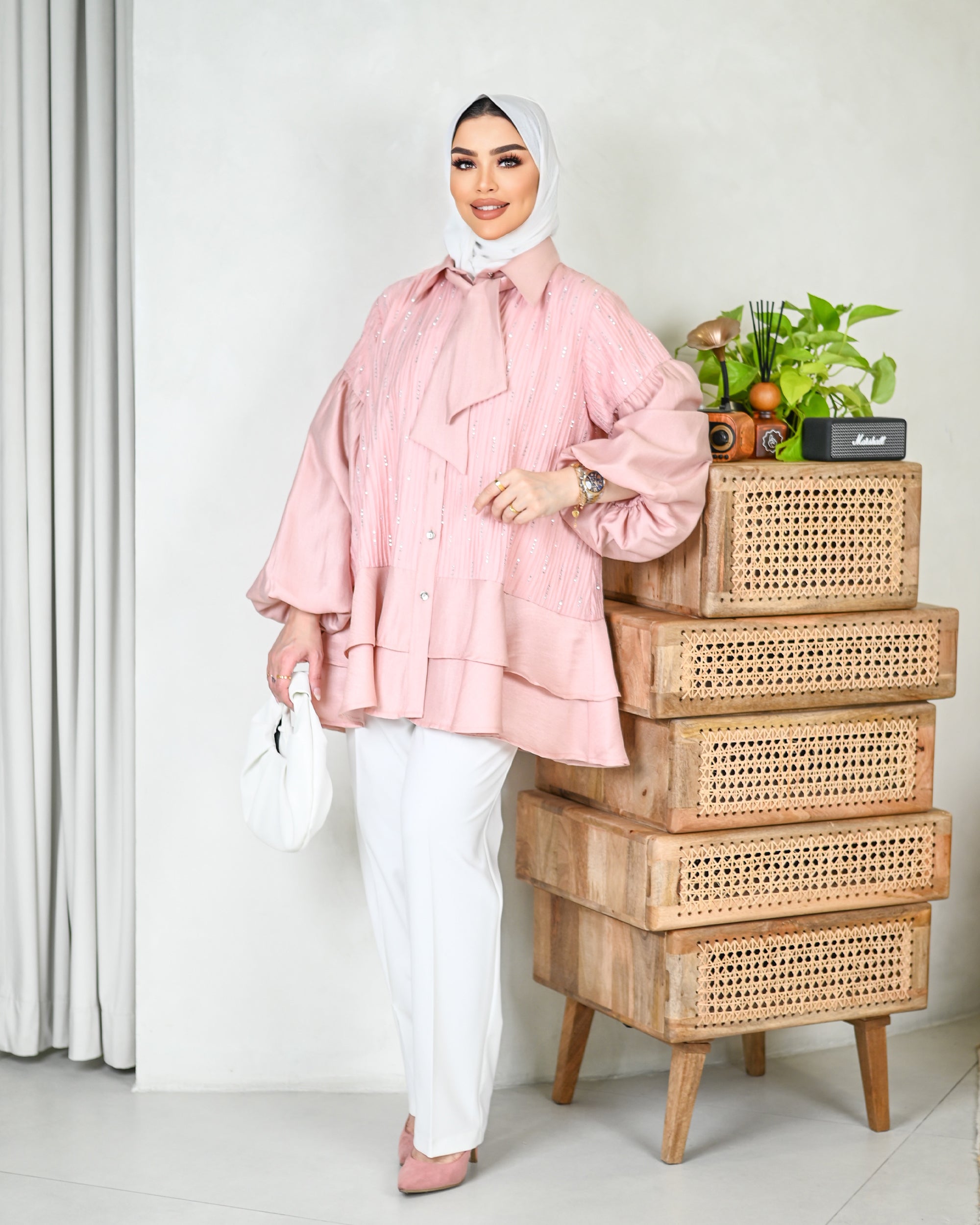 Crystal Tie-Neck Shantung Shirt – Blush Pink
