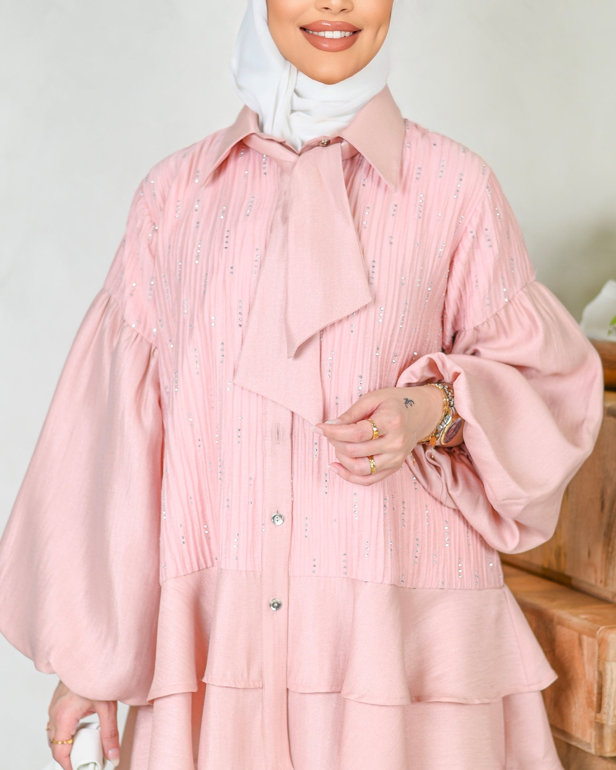 Crystal Tie-Neck Shantung Shirt – Blush Pink