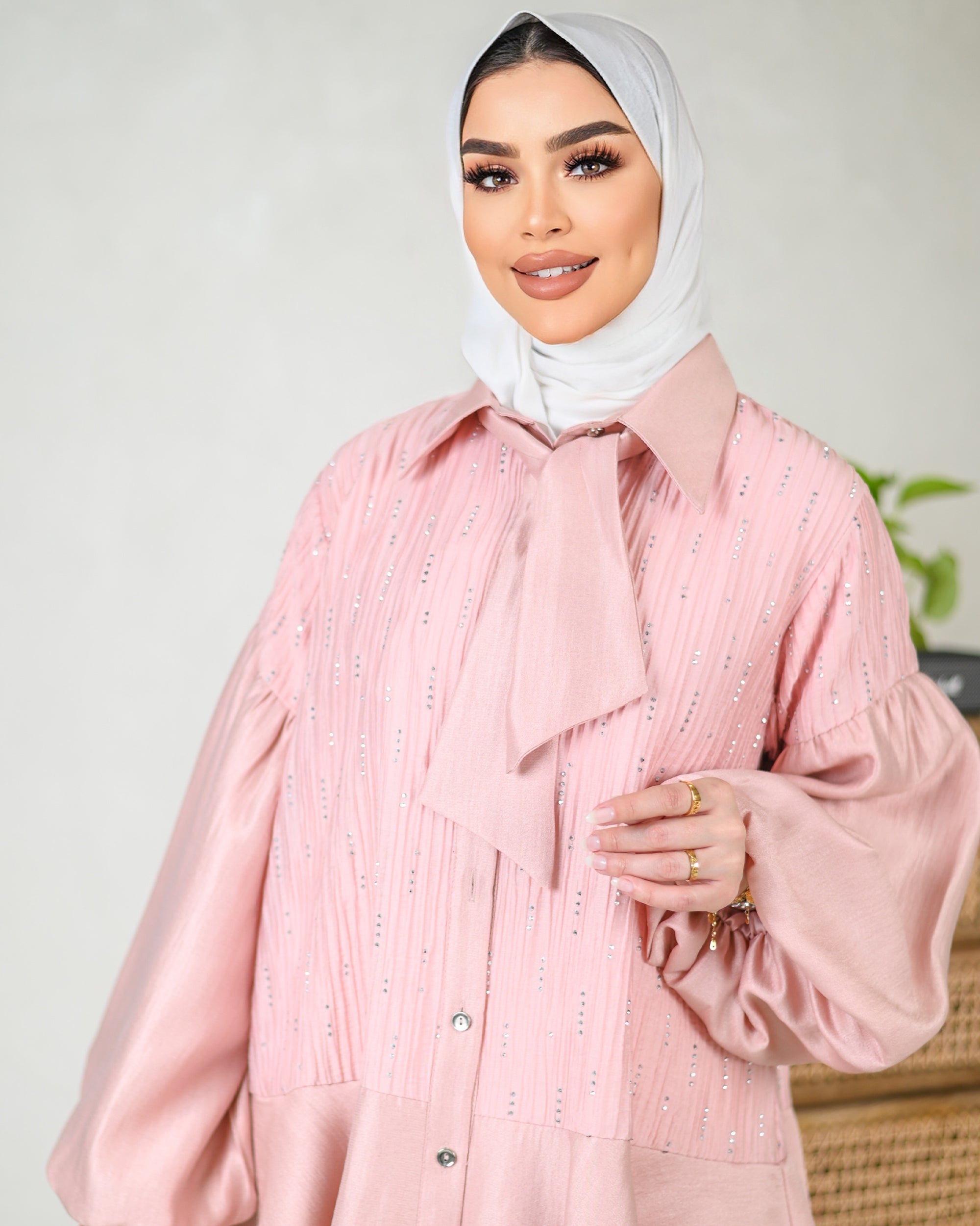 Crystal Tie-Neck Shantung Shirt – Blush Pink