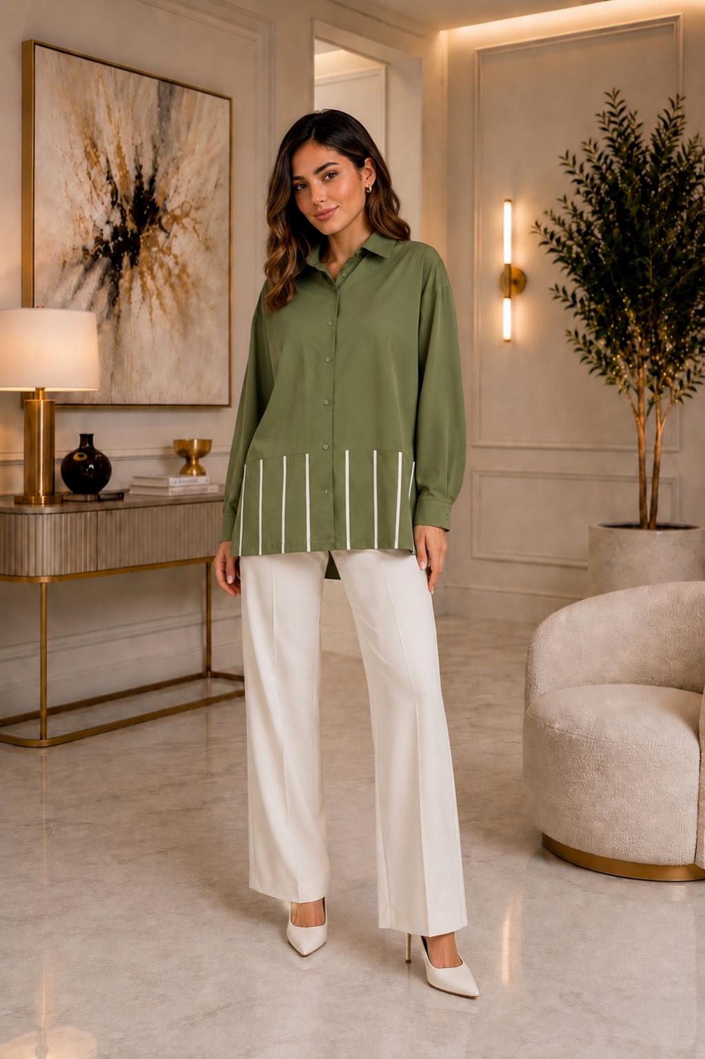 Striped-Hem Poplin Shirt – Olive Green