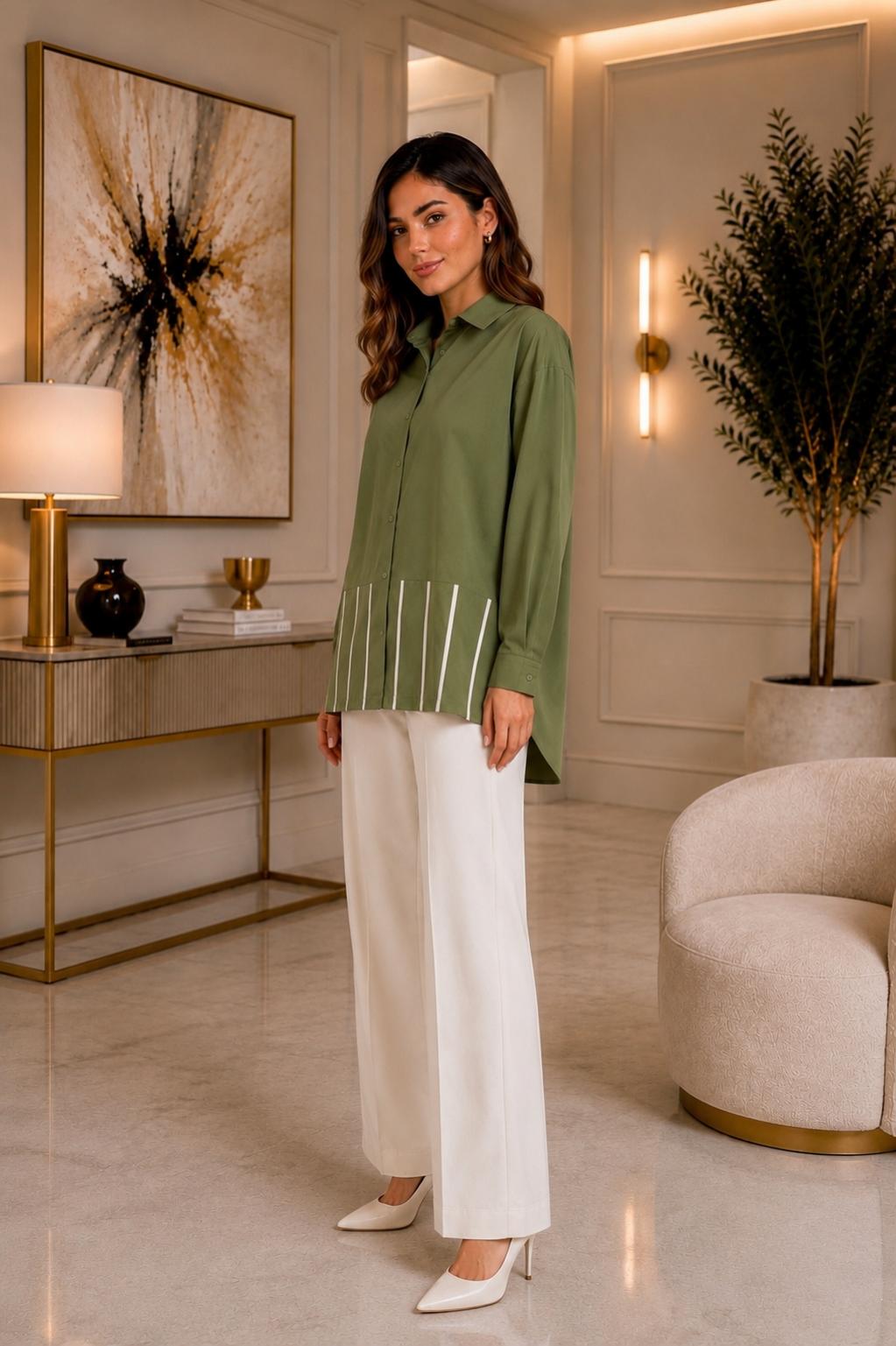 Striped-Hem Poplin Shirt – Olive Green