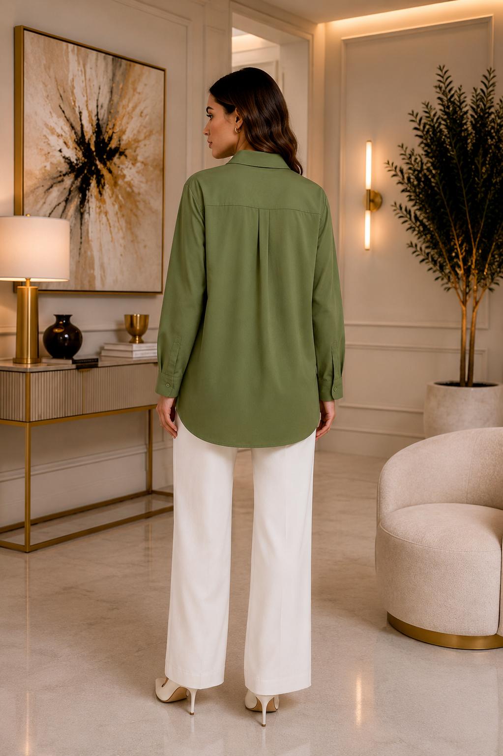 Striped-Hem Poplin Shirt – Olive Green