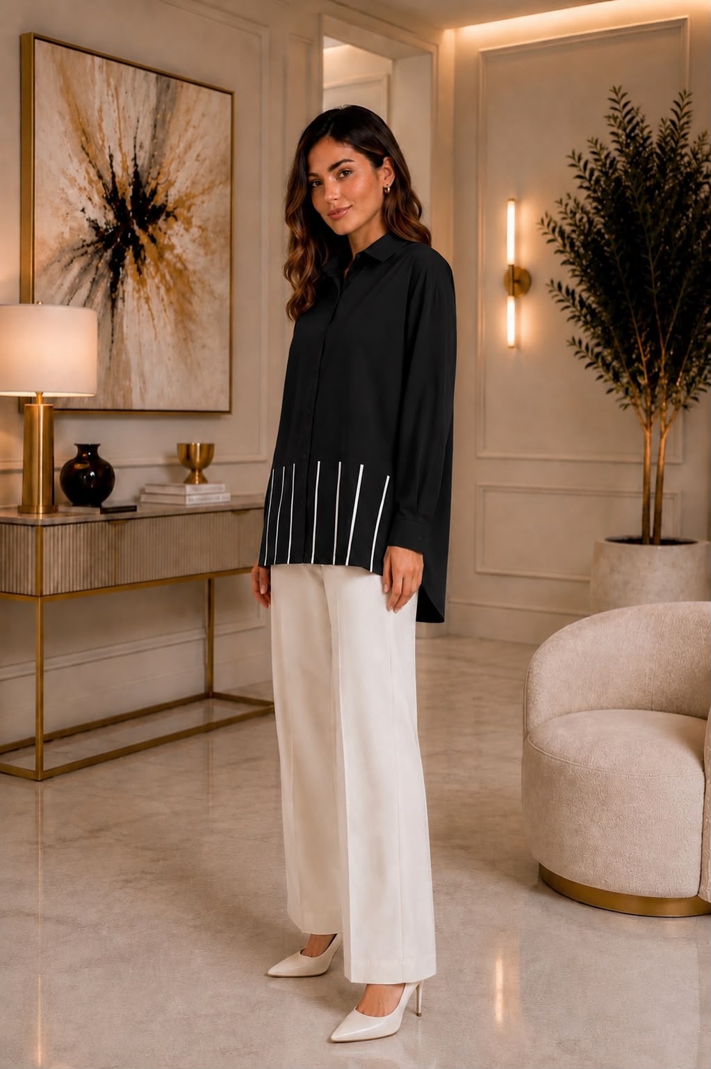 Striped-Hem Poplin Shirt – Jet Black