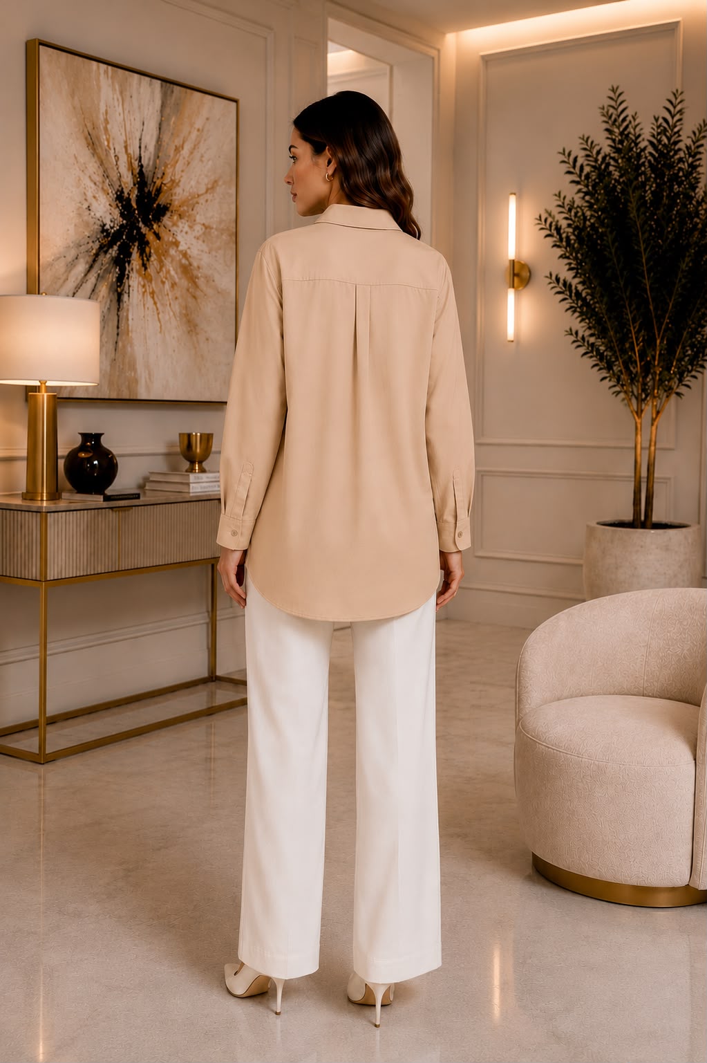 Striped-Hem Poplin Shirt – Sand Beige
