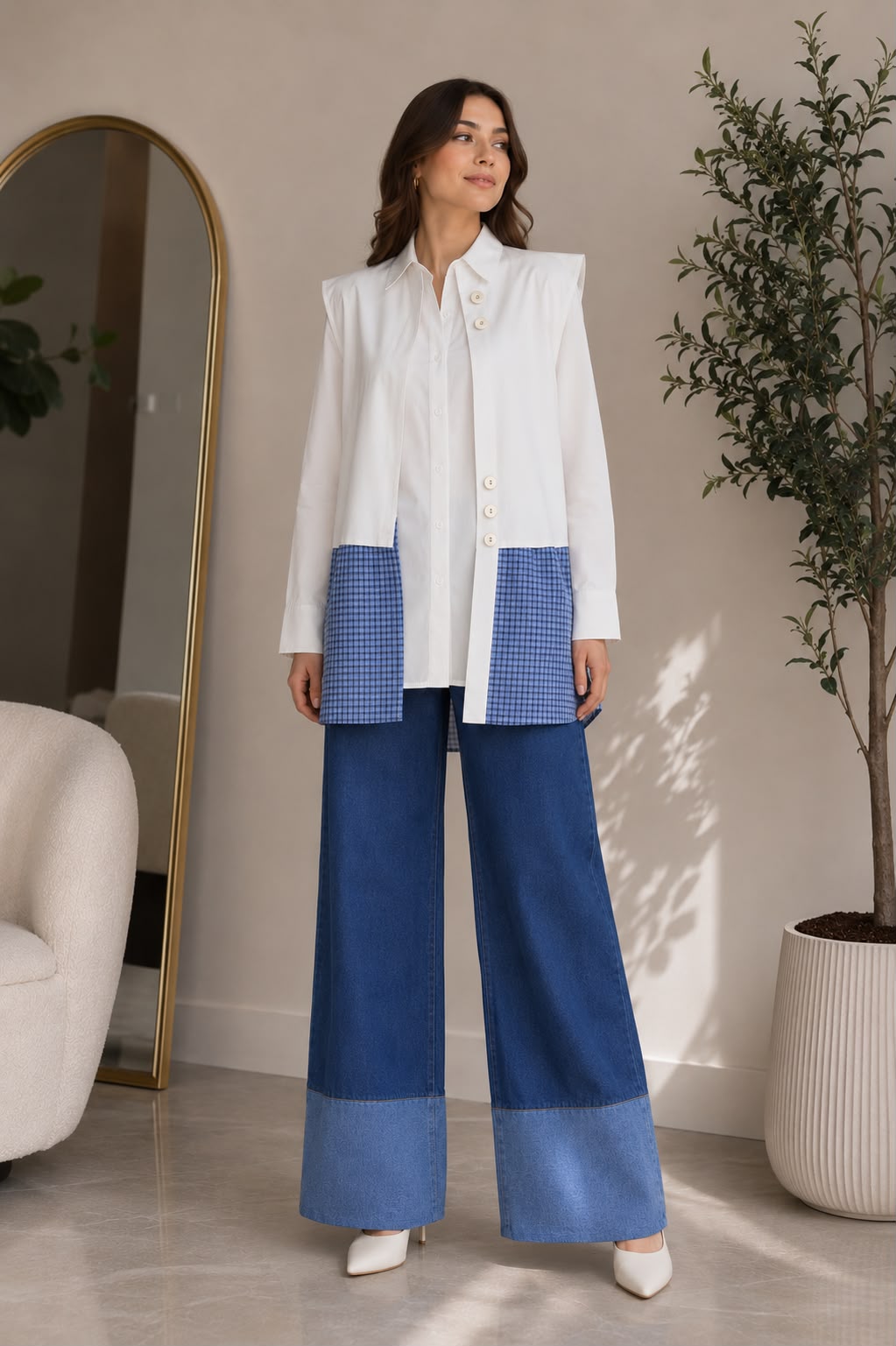 Contrast Gingham Poplin Shirt & Vest – White & Blue